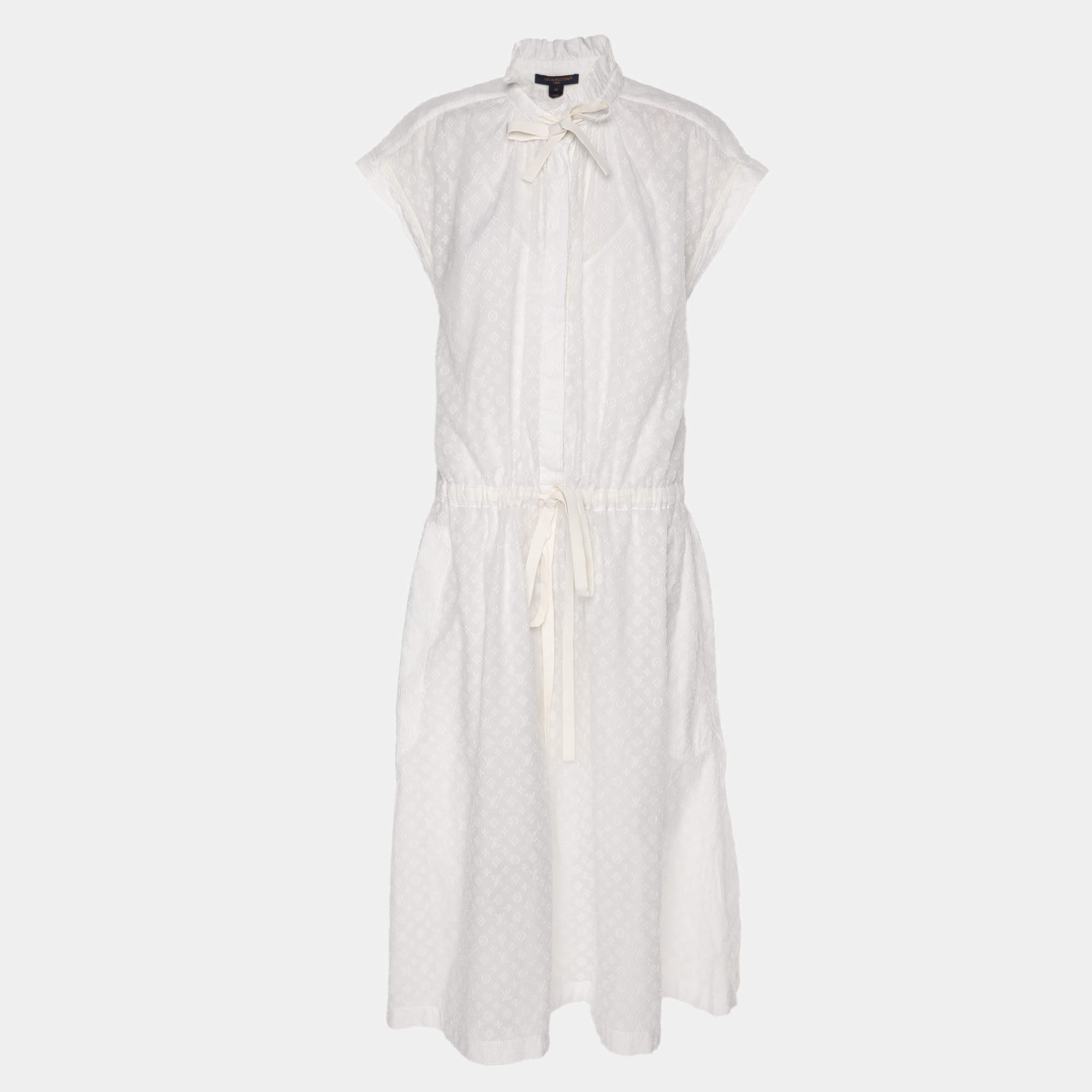 Pre Owned Louis Vuitton White Monogram Fil Coupé Lavaliere Collar Dress L