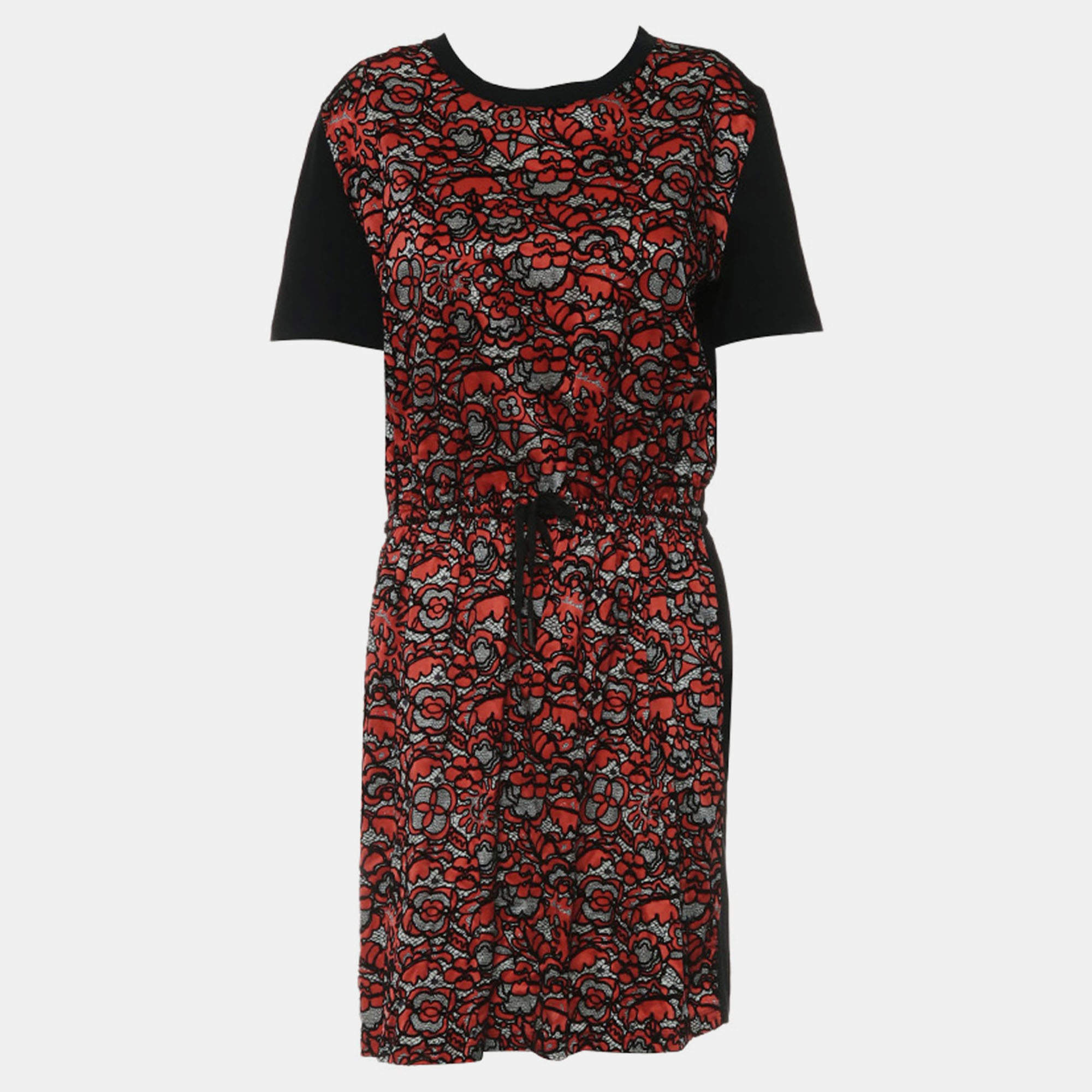 Pre Owned Louis Vuitton Red Cotton Silk Floral Printed Drawstring Dress
