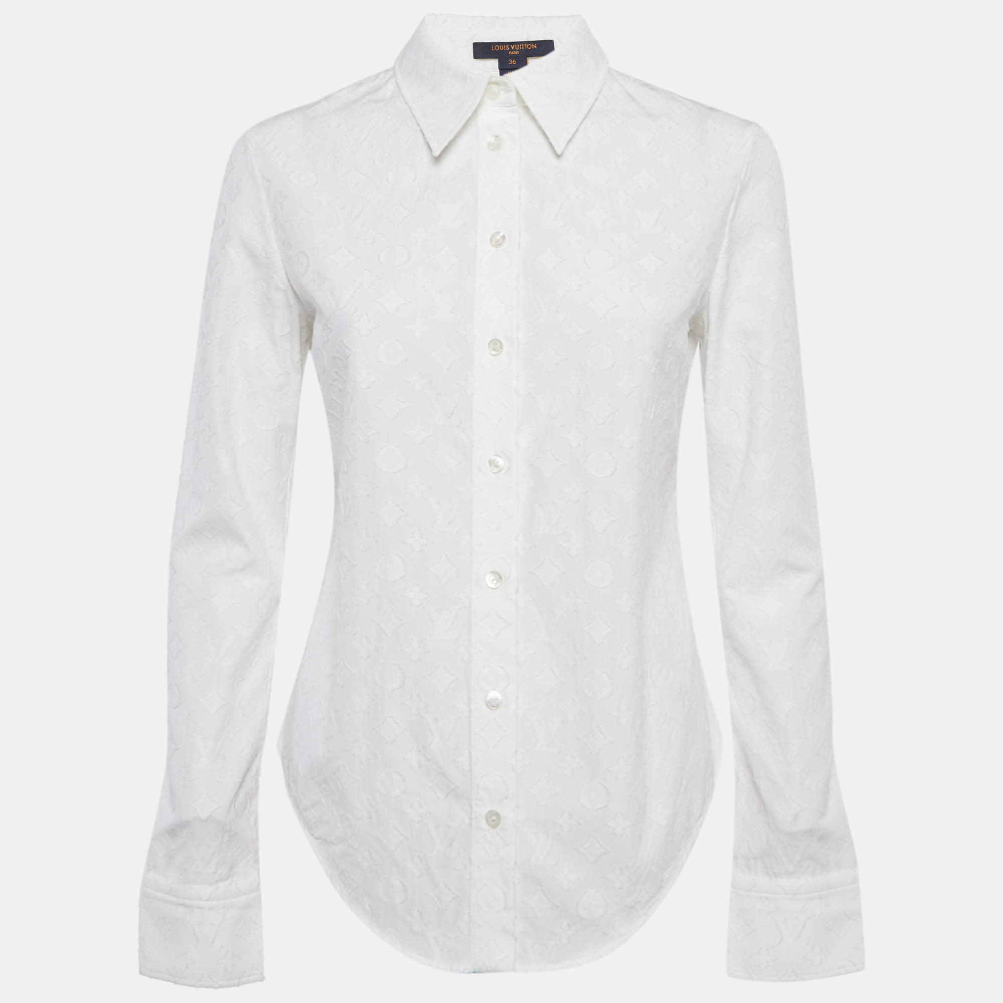 Pre Owned Louis Vuitton White Monogram Textured Cotton Shirt S