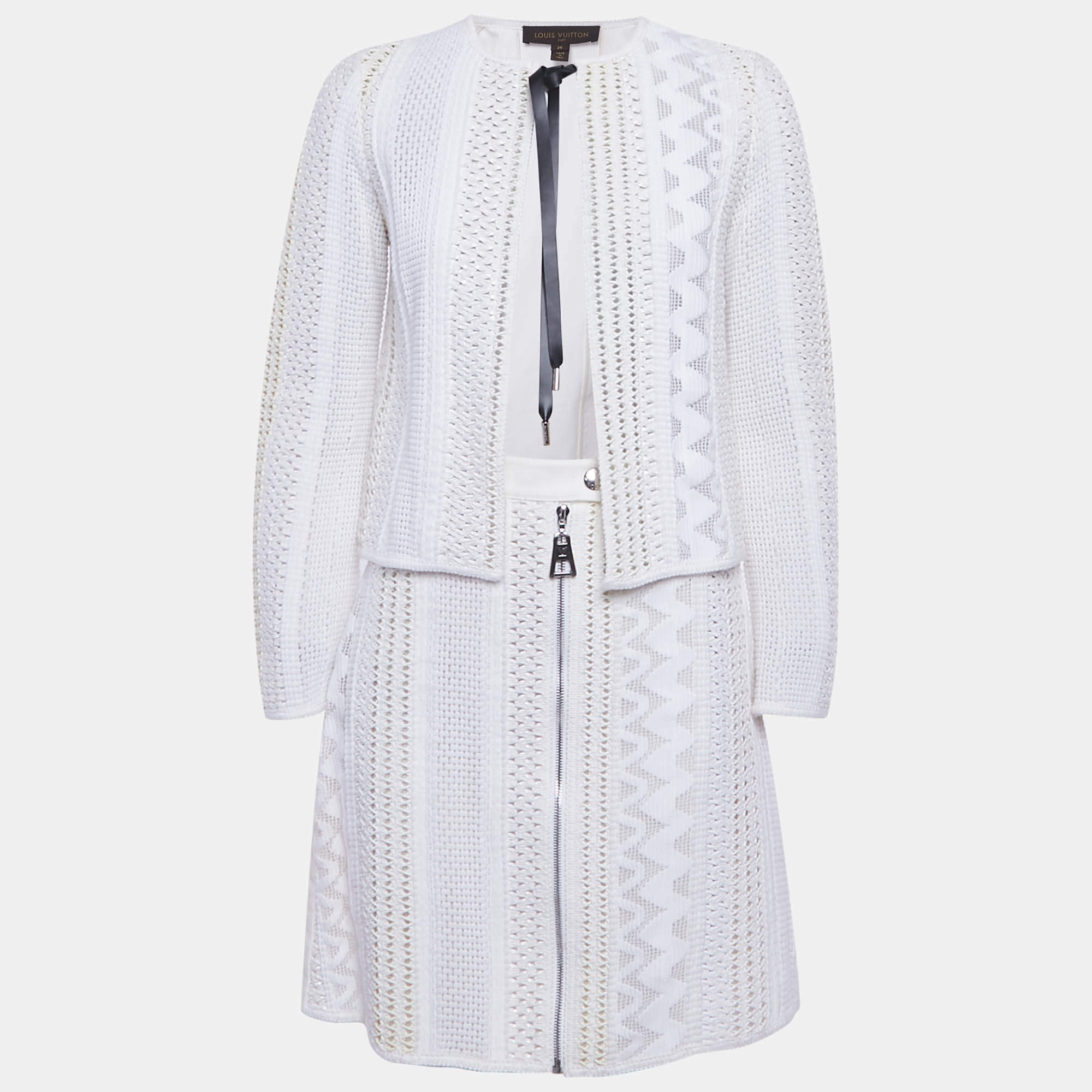 مملوكة مسبقًا Louis Vuitton White Patterned Cotton Blend Jacket & Skirt Set S 