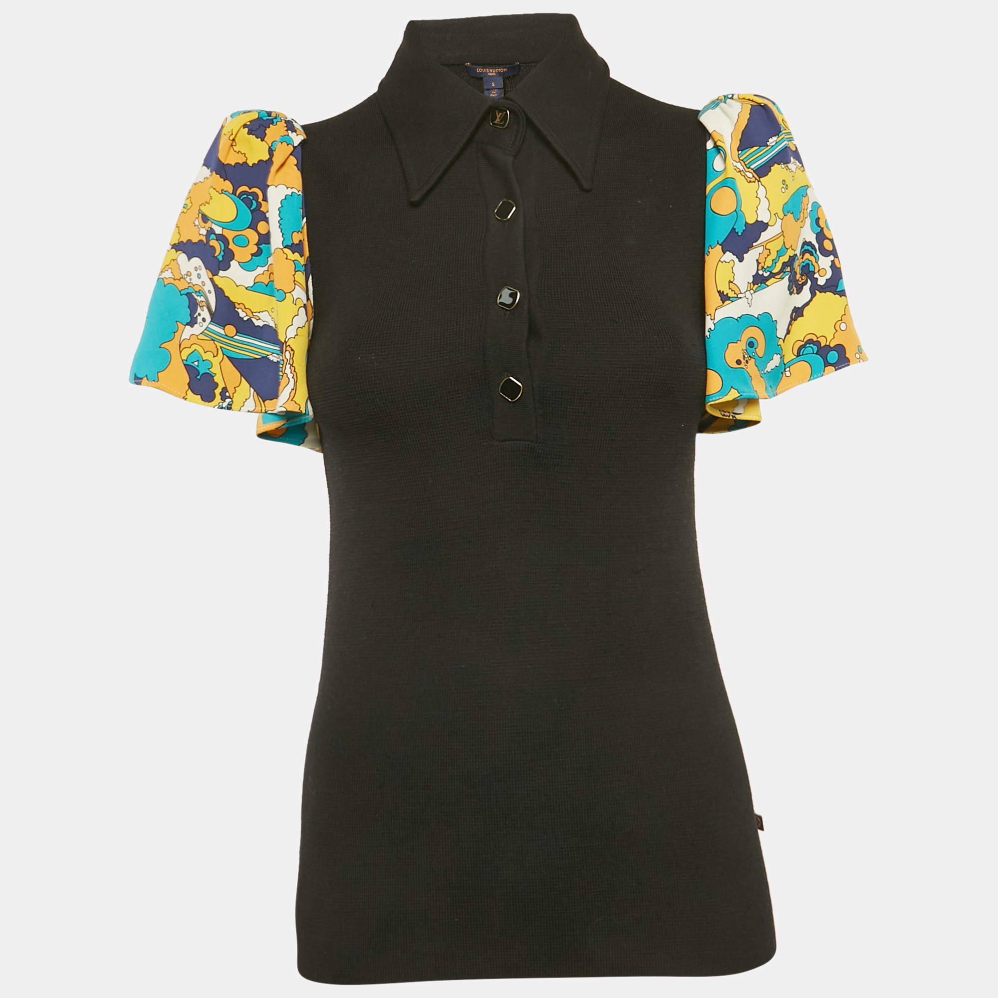Pre Owned Louis Vuitton Black Wool Knit Contrast Sleeve Polo T-Shirt S