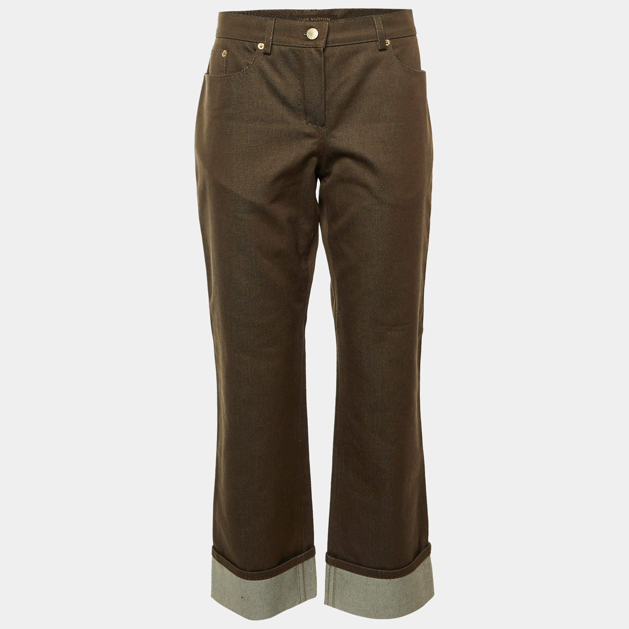 مملوكة مسبقًا بنطلون جينز لوي فيتون دنيم بني مطوي كبير محيط الخصر 32 بوصة