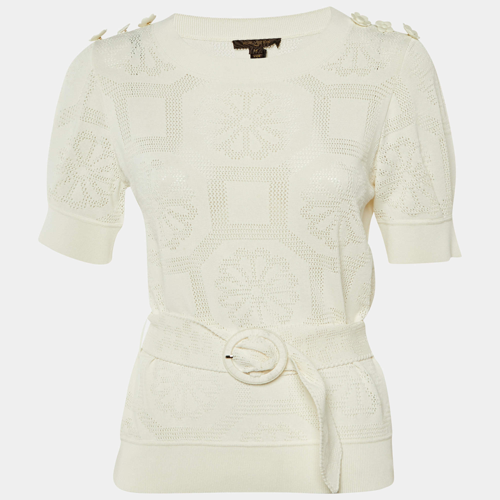 مملوكة مسبقًا Louis Vuitton Ivory Perforated Knit Belted Jumper M