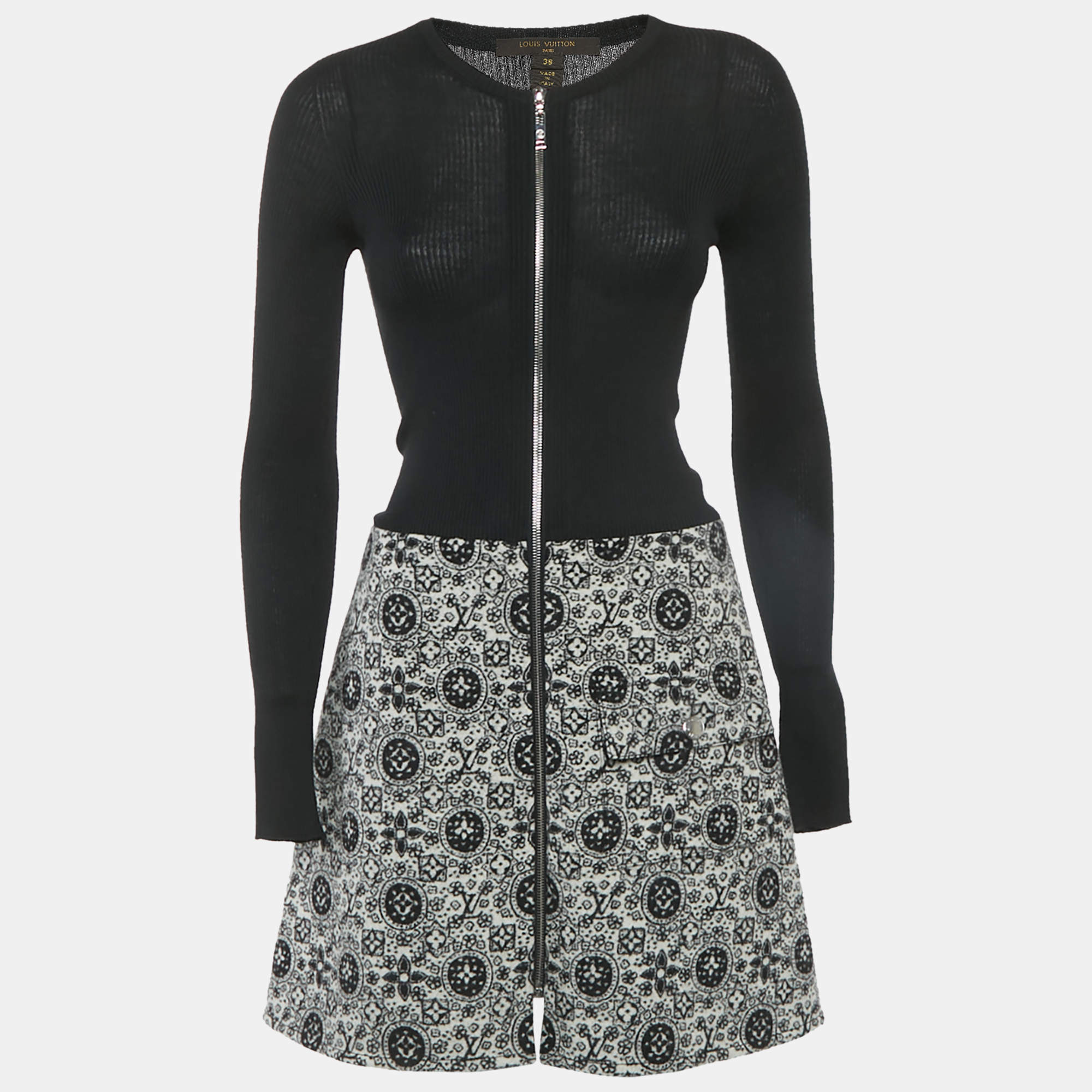 Pre Owned فستان لوي فيتون أحادي اللون نسيج مضلع من الصوف مصغر مقاس متوسط