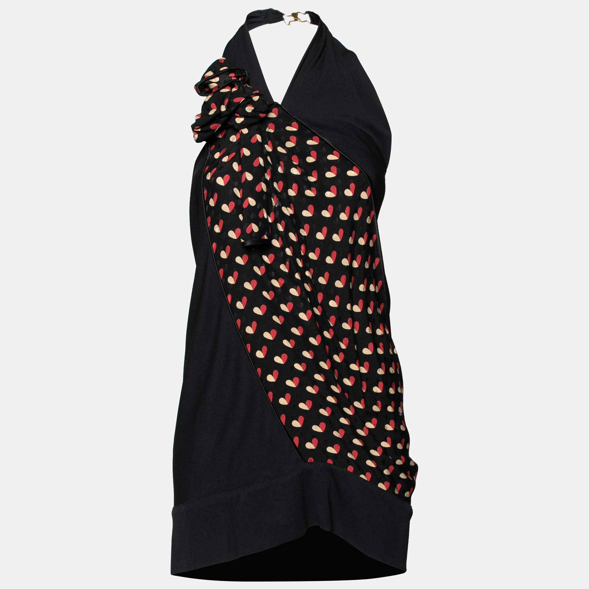 Pre Owned Louis Vuitton Black Heart Printed Crepe Halter Neck Top M