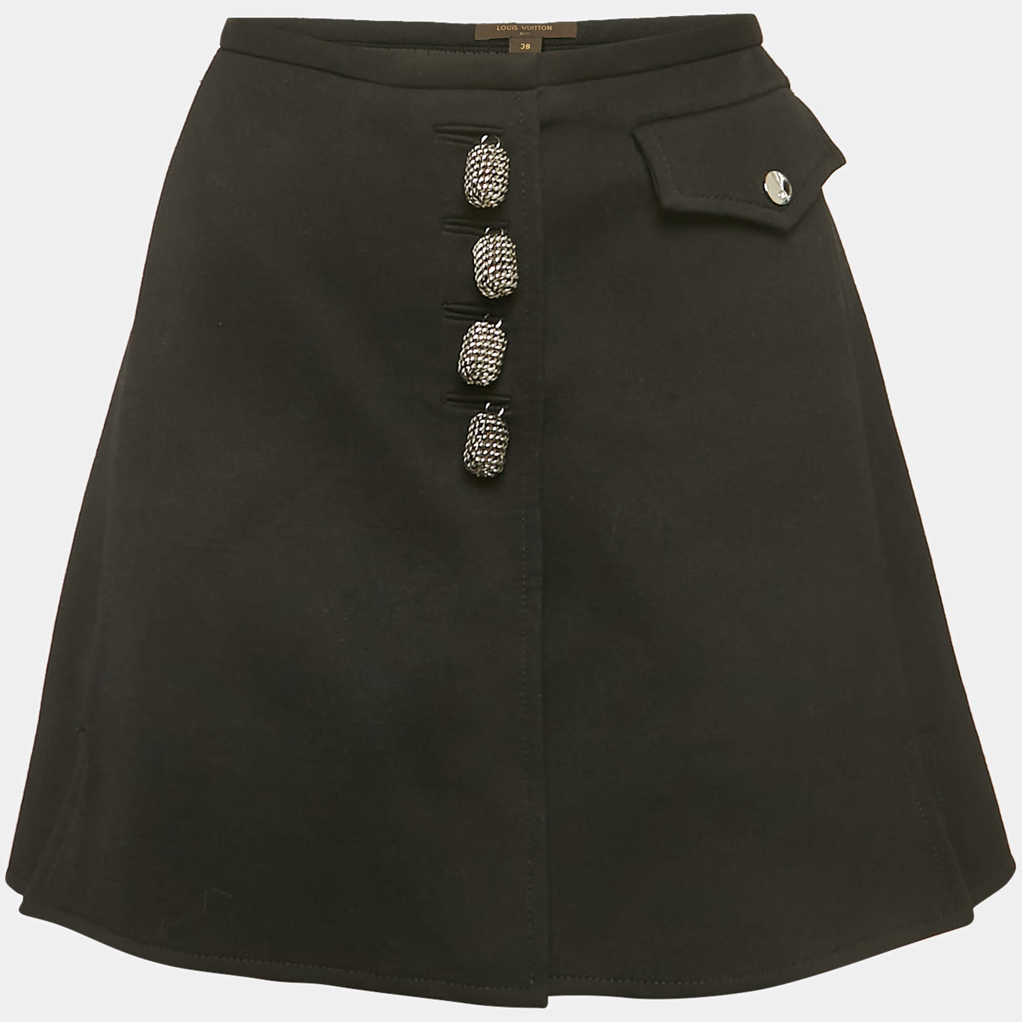 Pre Owned Louis Vuitton Black Wool Metal Detail Mini Skirt M