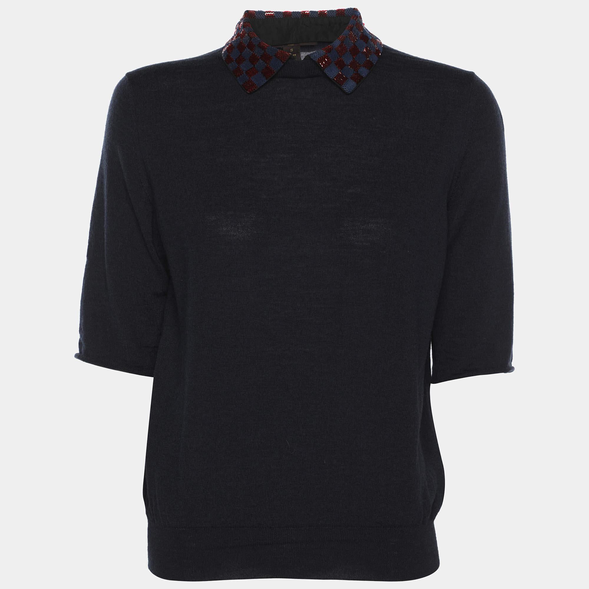 مملوكة مسبقًا بلوزة لوي فيتون صوف كحلي ياقة قابلة للفصل صغيرة