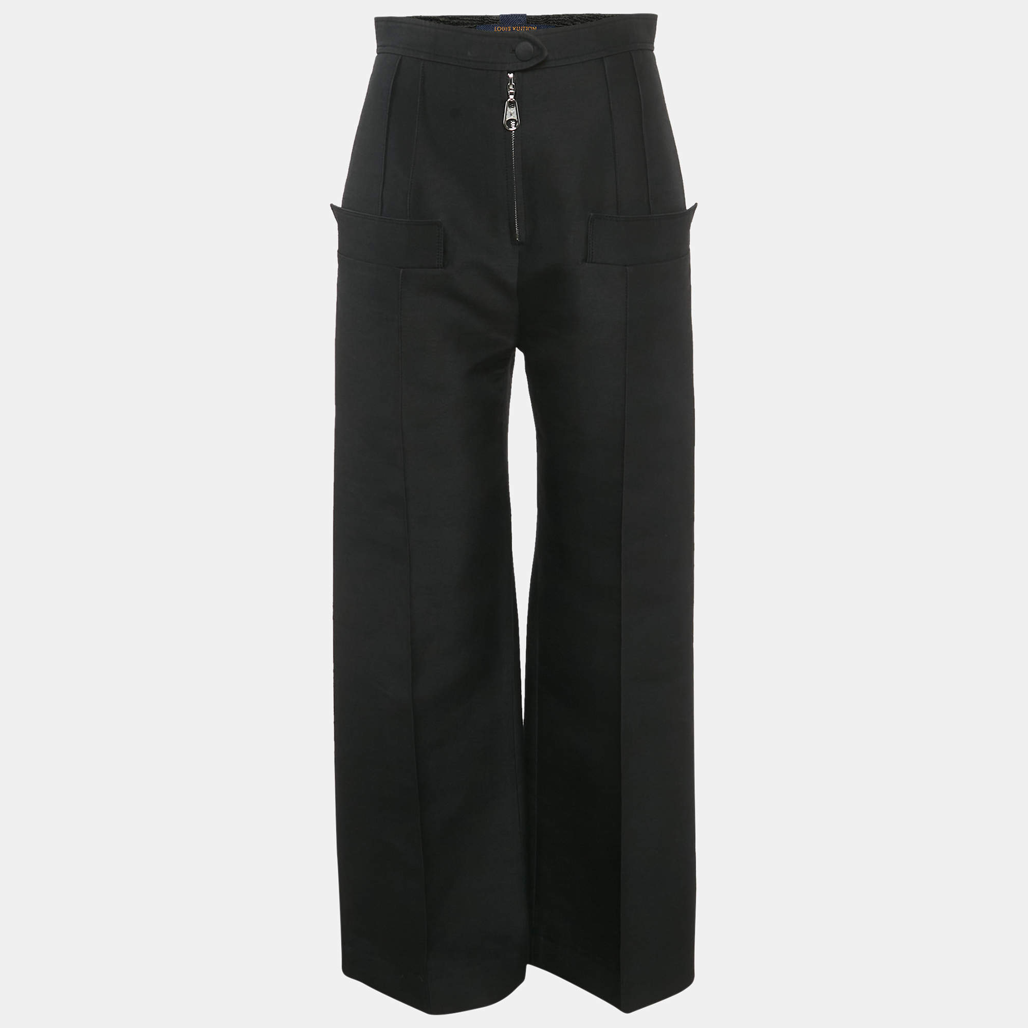 مملوكة مسبقًا بنطلون لوي فيتون أسود ممزوج بالصوف واسع الساق مقاس متوسط (ميديوم)
