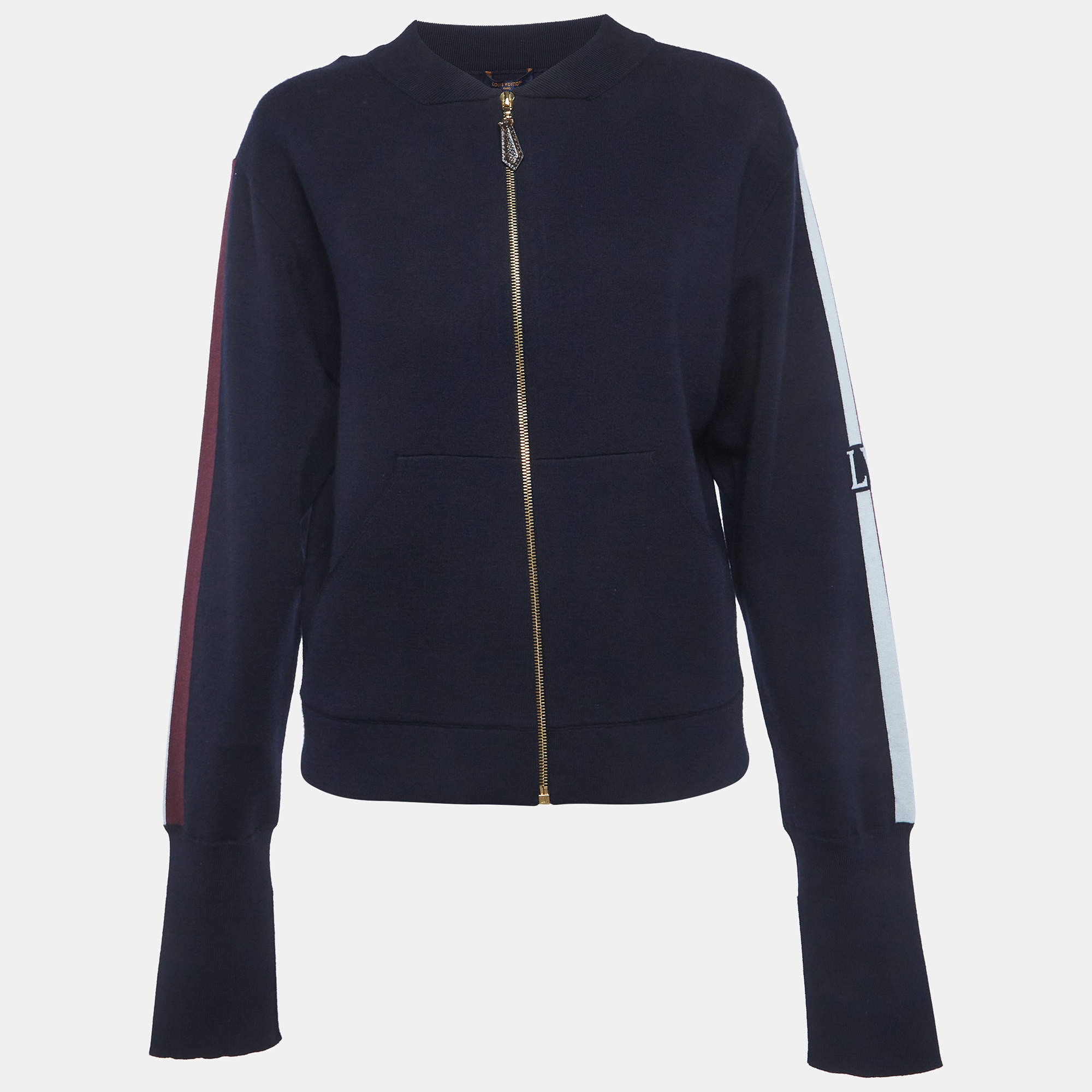 Pre Owned Louis Vuitton Navy Blue Cashmere Knit Zip-Up Jacket S
