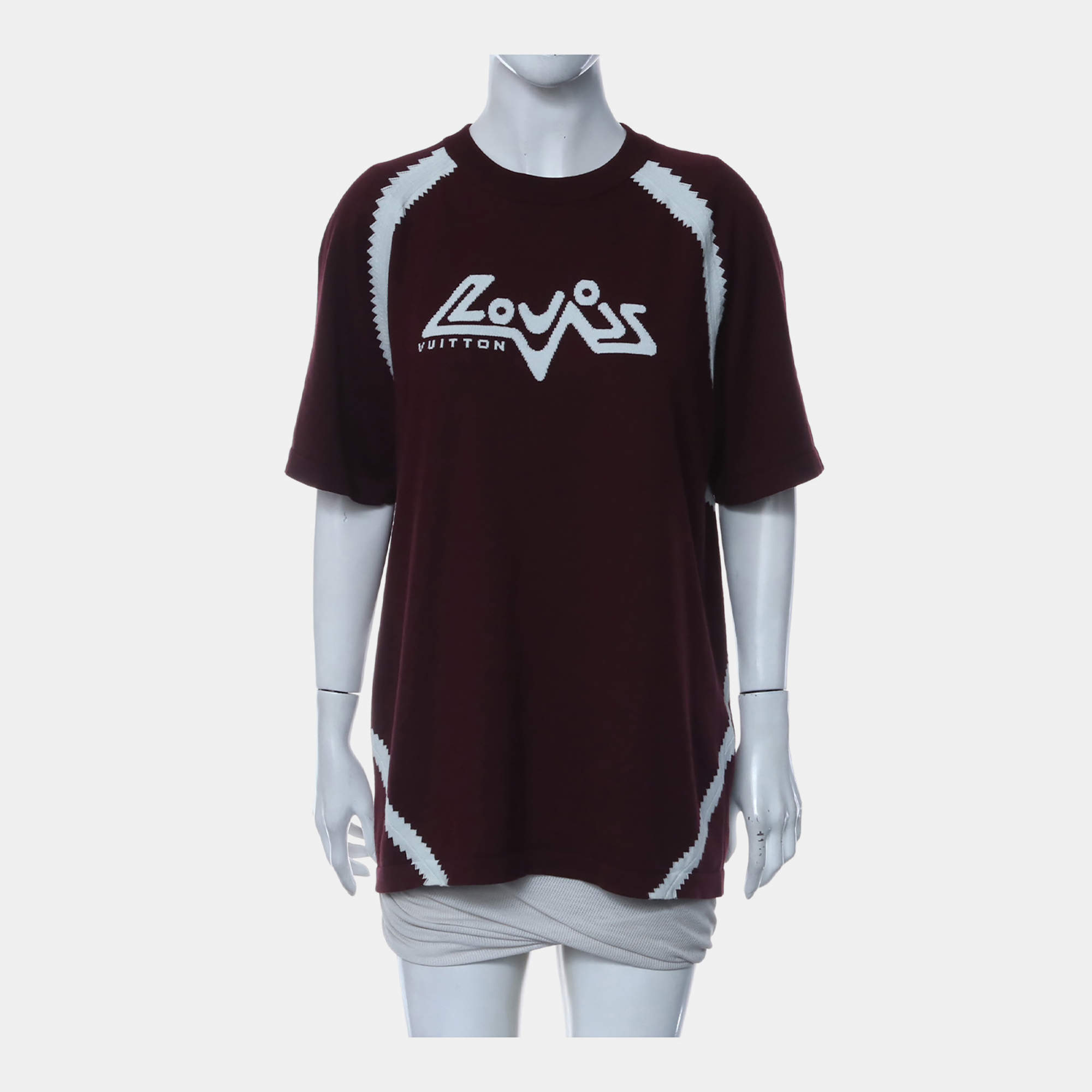 Pre Owned Louis Vuitton Intarsia Knit Crew Neck Burgundy Cotton T-Shirt
