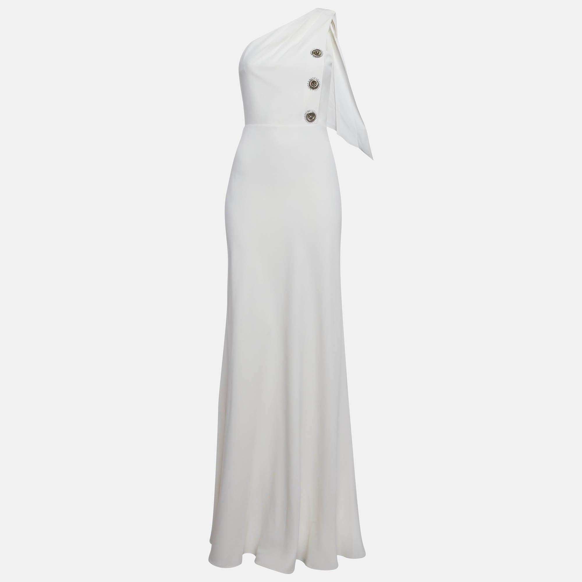Pre Owned Louis Vuitton Off-White Crepe One Shoulder Maxi Dress S