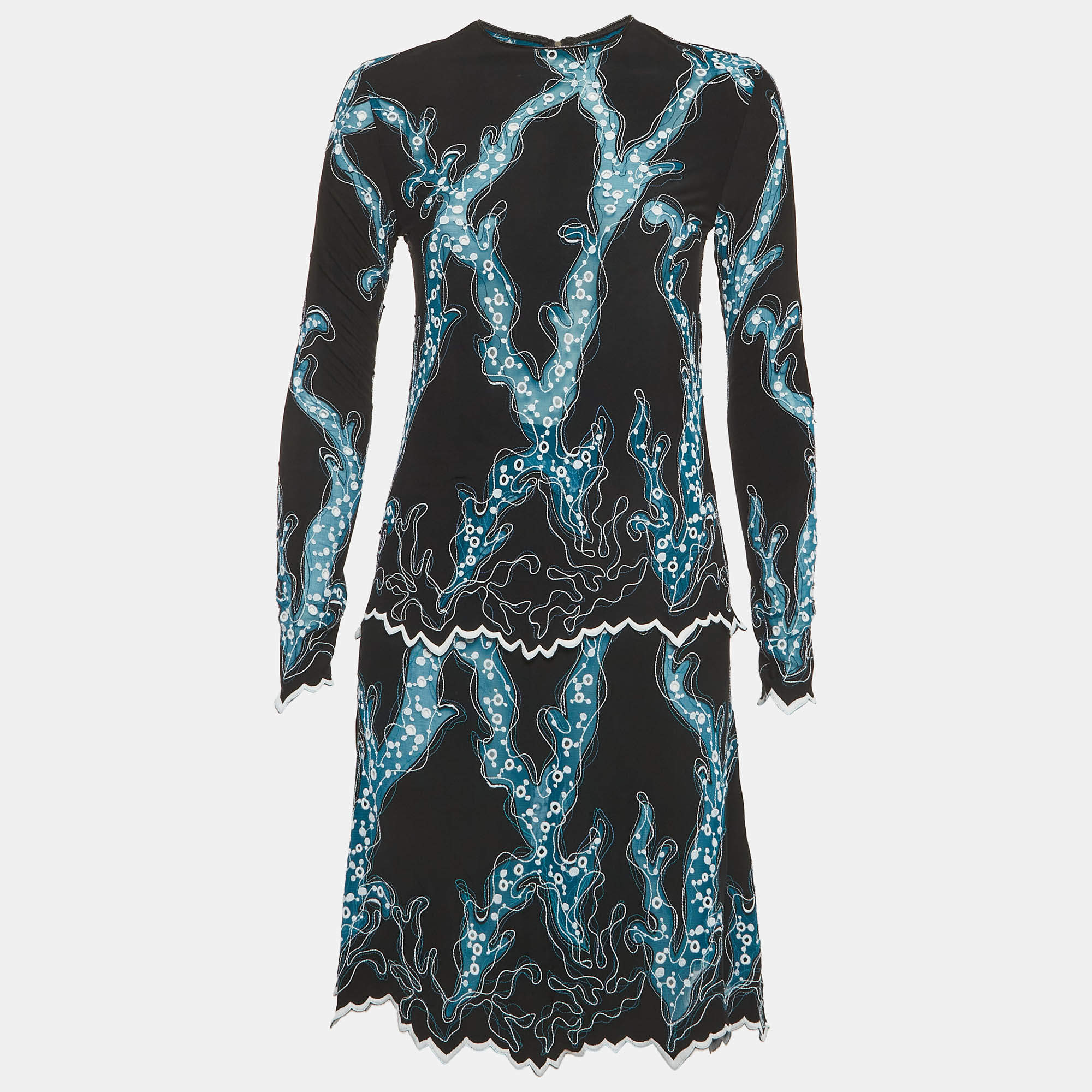 Pre Owned Louis Vuitton Black/Blue Embroidered Jersey Mini Dress M