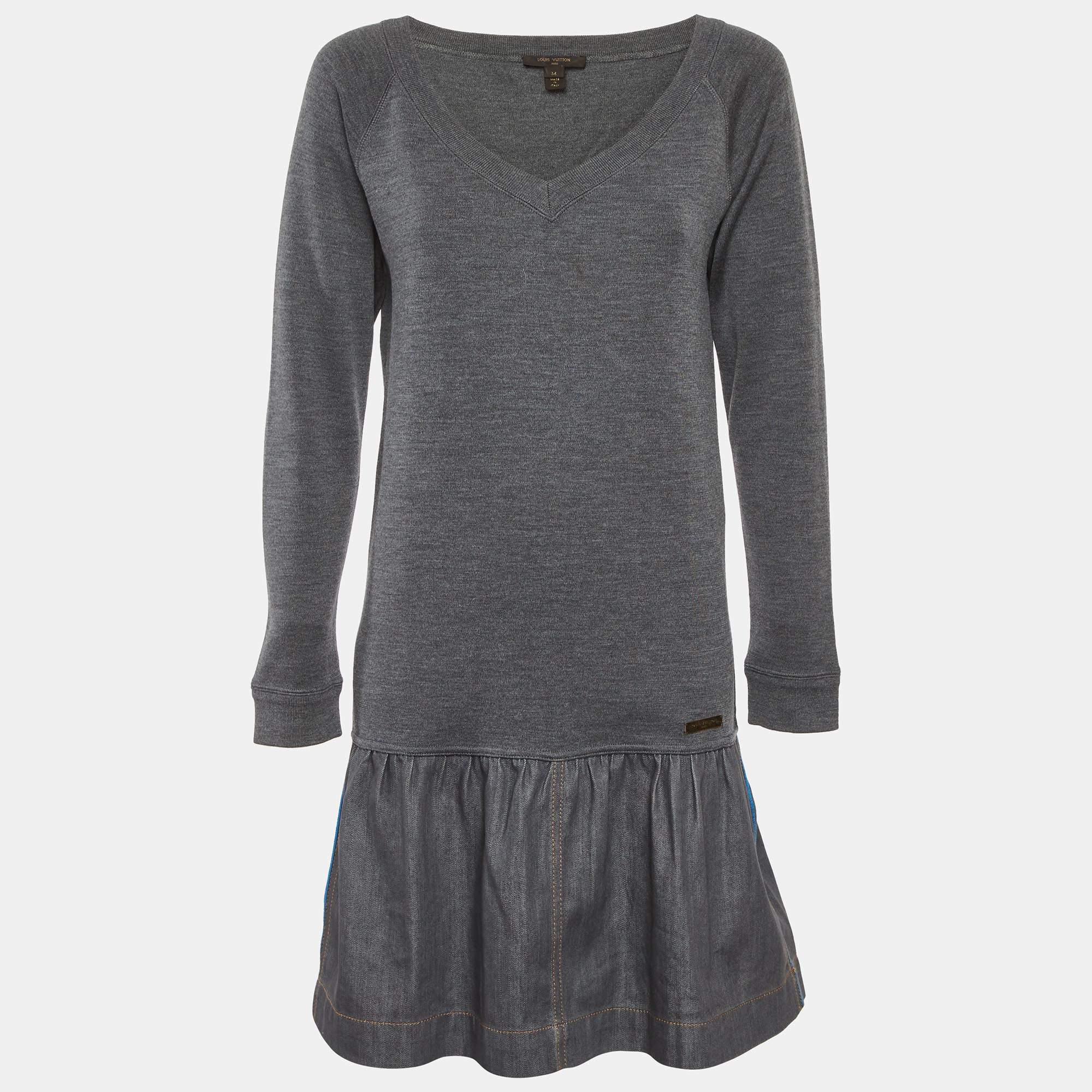 Pre Owned Louis Vuitton Grey Wool Knit and Cotton Pleated Short Dress M