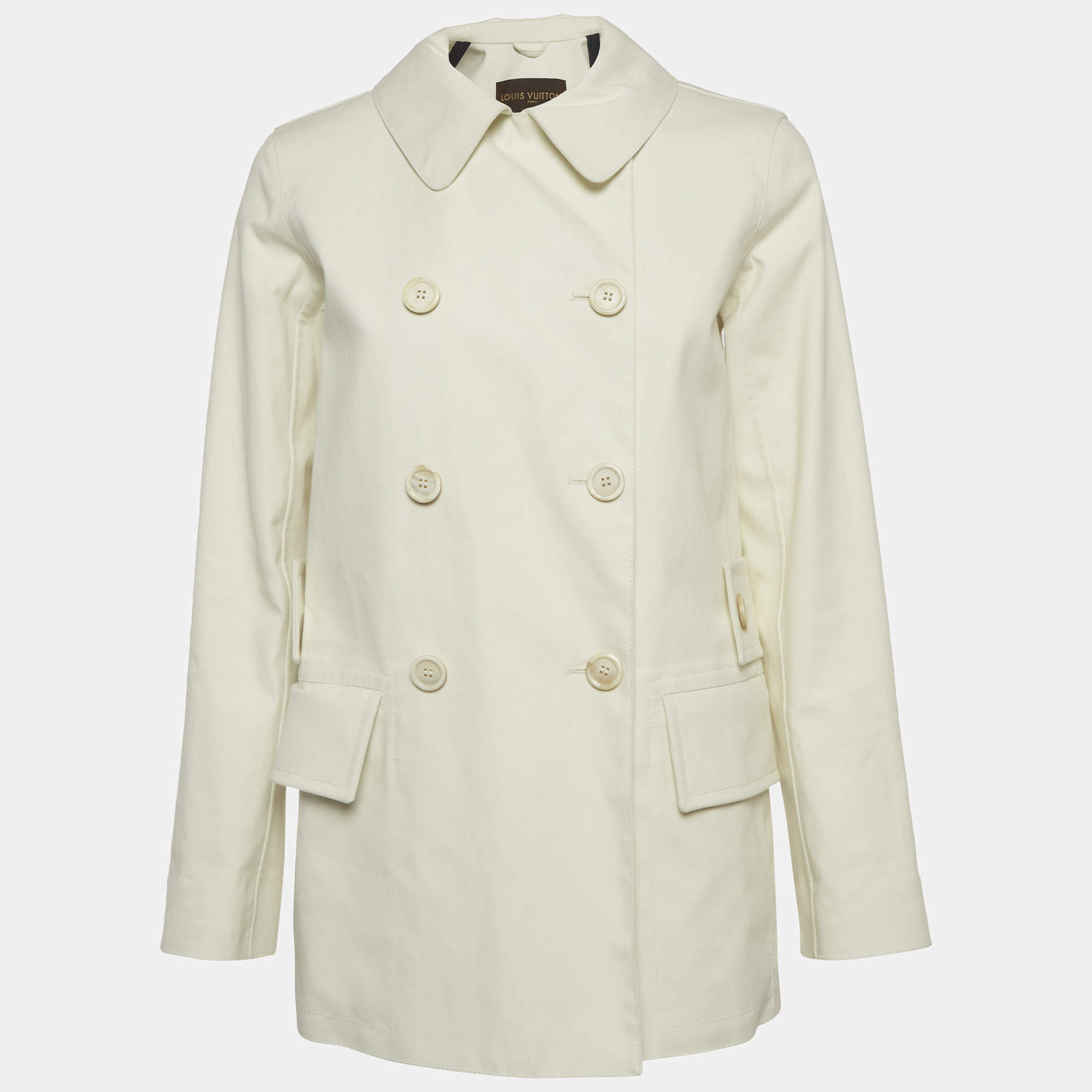 Pre Owned Louis Vuitton Off-White Gabardine Double Breasted Trench Coat S