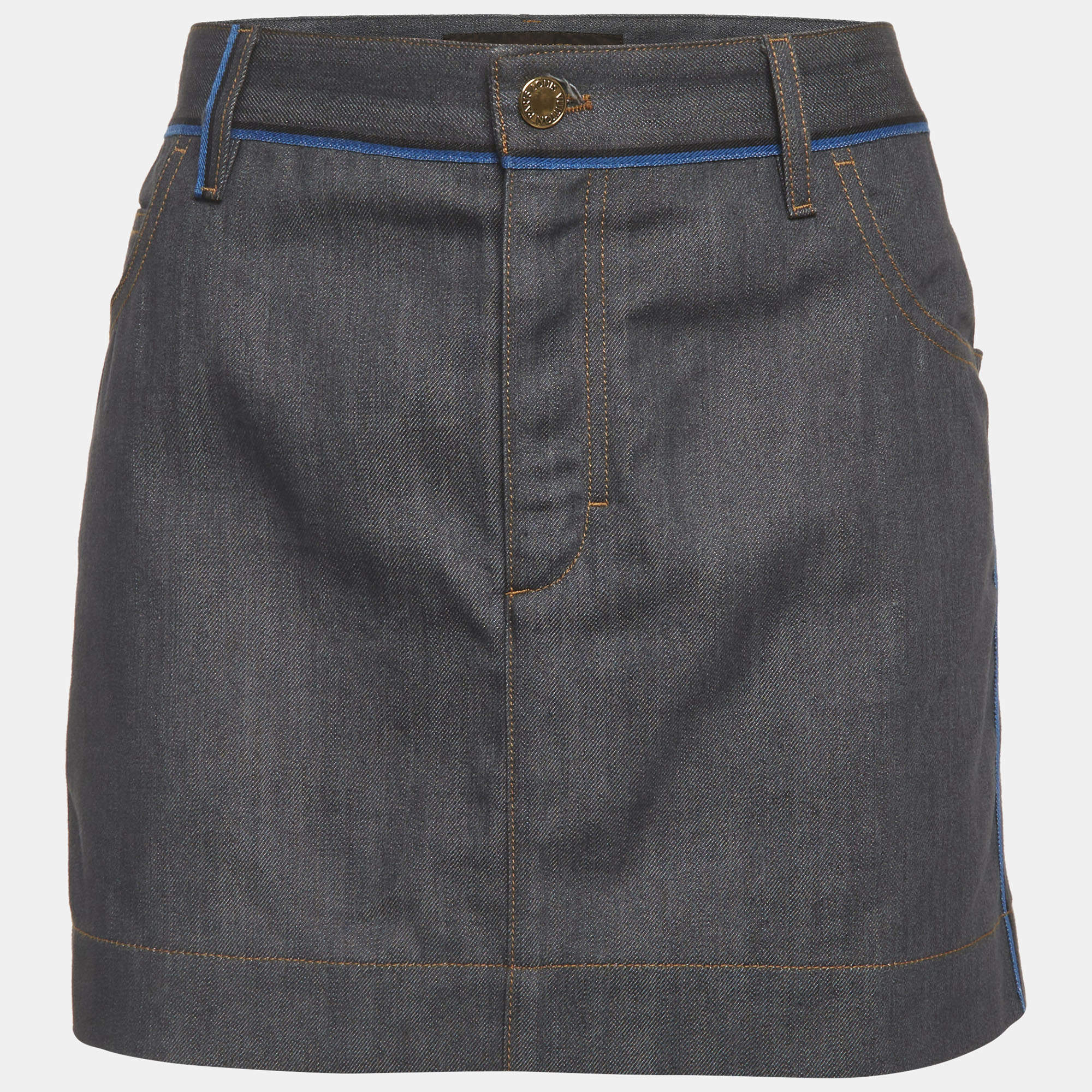 مملوكة مسبقًا تنورة قصيرة جينز رمادي لوي فيتون مقاس كبير/خصر 34 بوصة