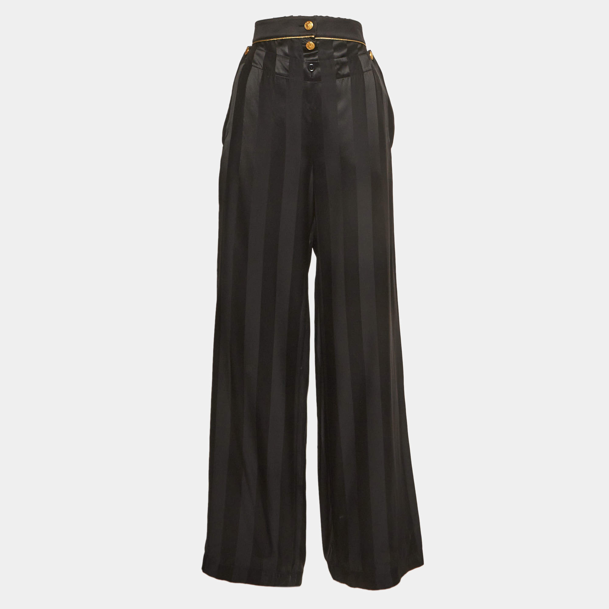 Pre Owned Louis Vuitton Black Striped Silk Blend Straight Leg Trouser M