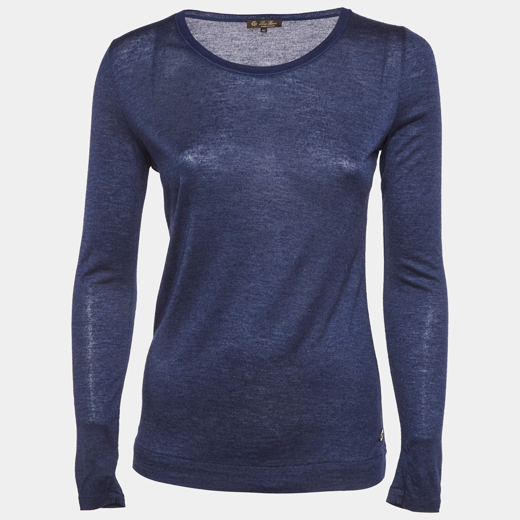 Pre Owned Louis Vuitton Navy Blue Jersey Crew Neck Top M