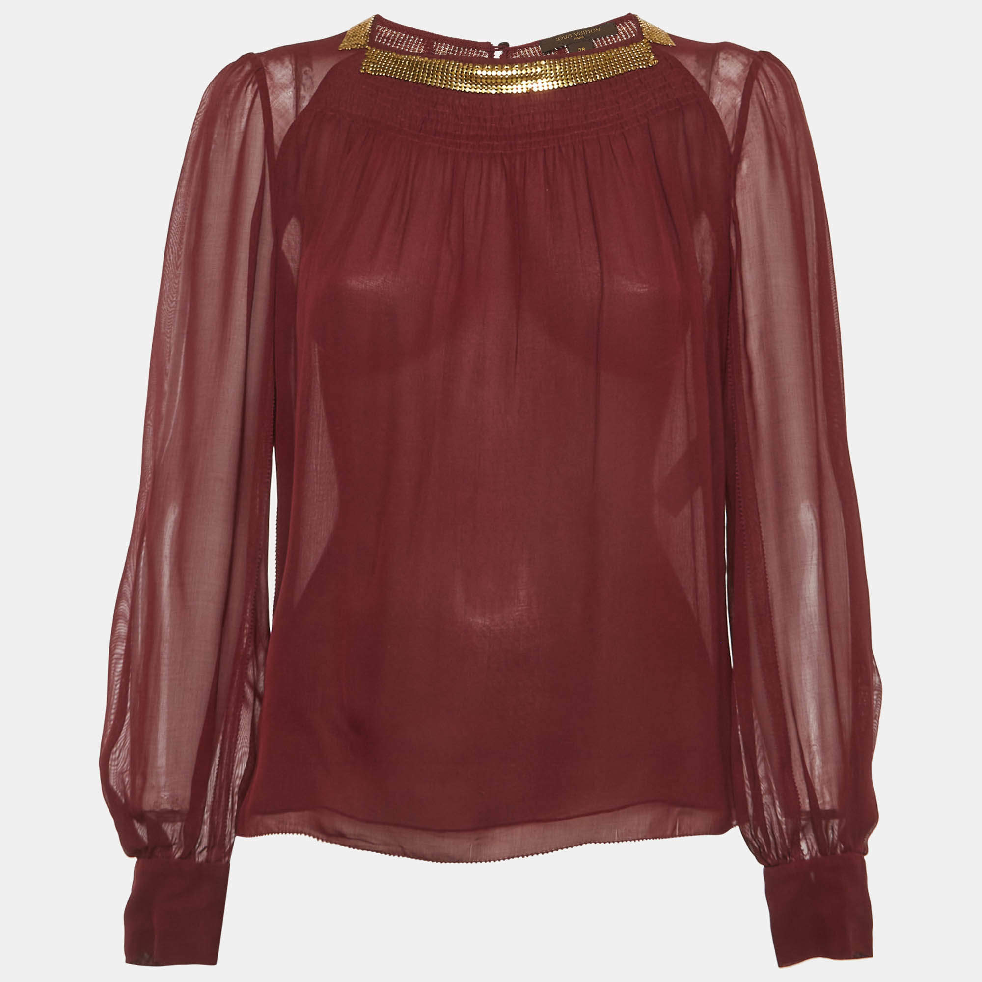 Pre Owned Louis Vuitton Burgundy Sheer Silk Gold Embellished Blouse M