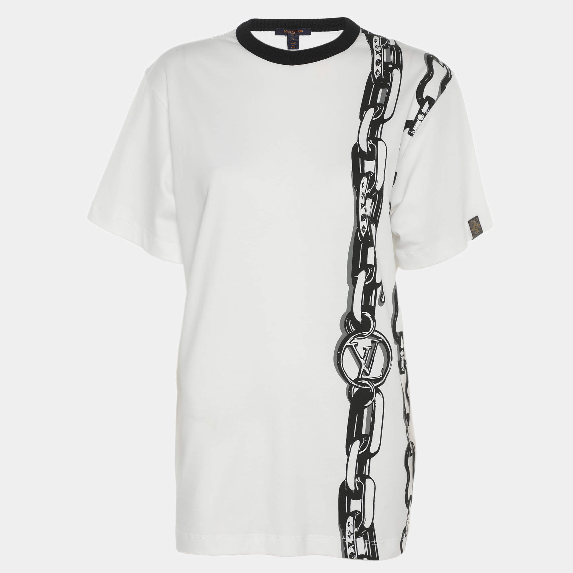 Pre Owned Louis Vuitton White Jersey Chain Print Crew Neck Half Sleeve T-Shirt S