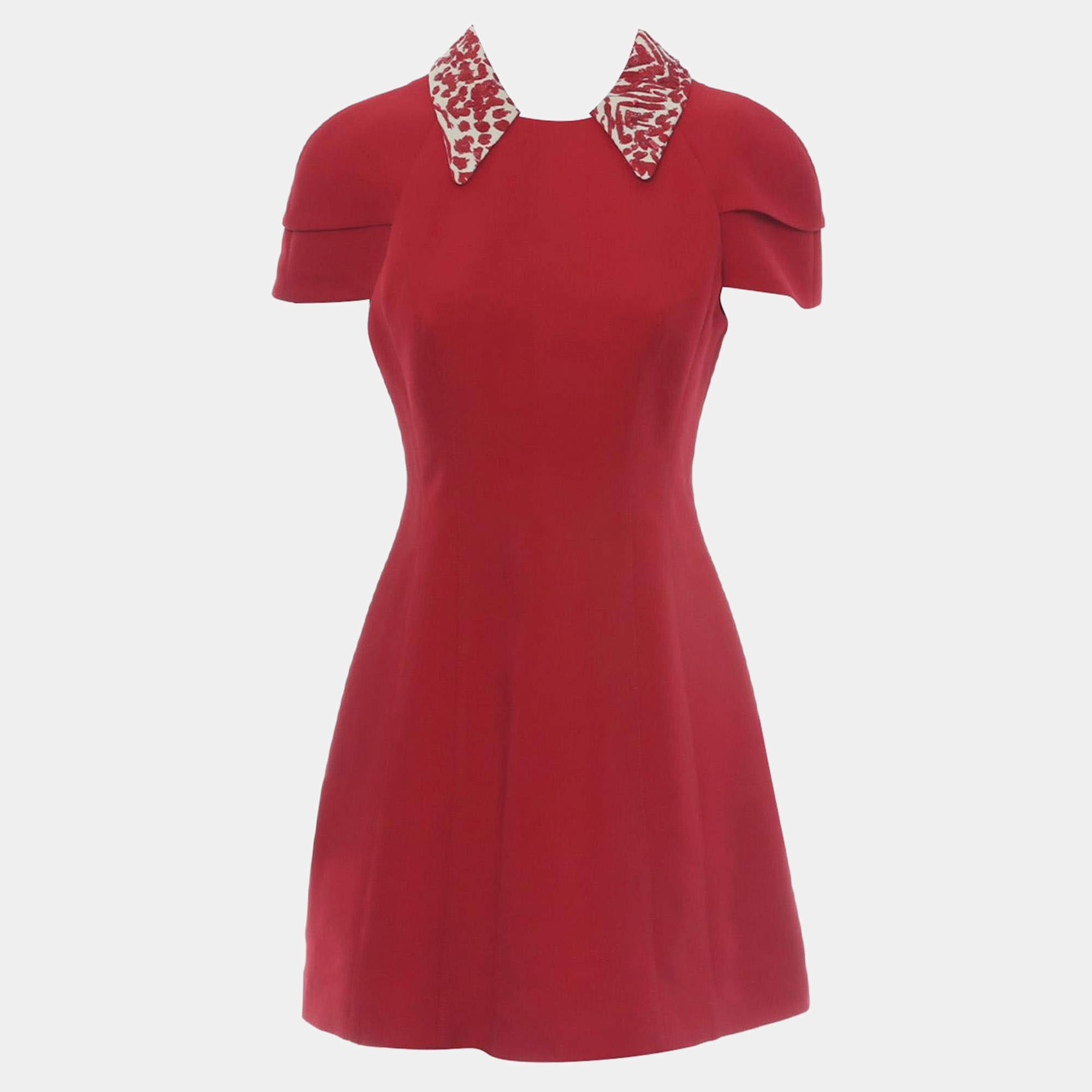 Pre Owned Louis Vuitton Red Silk Wool Embellished Collar Dress