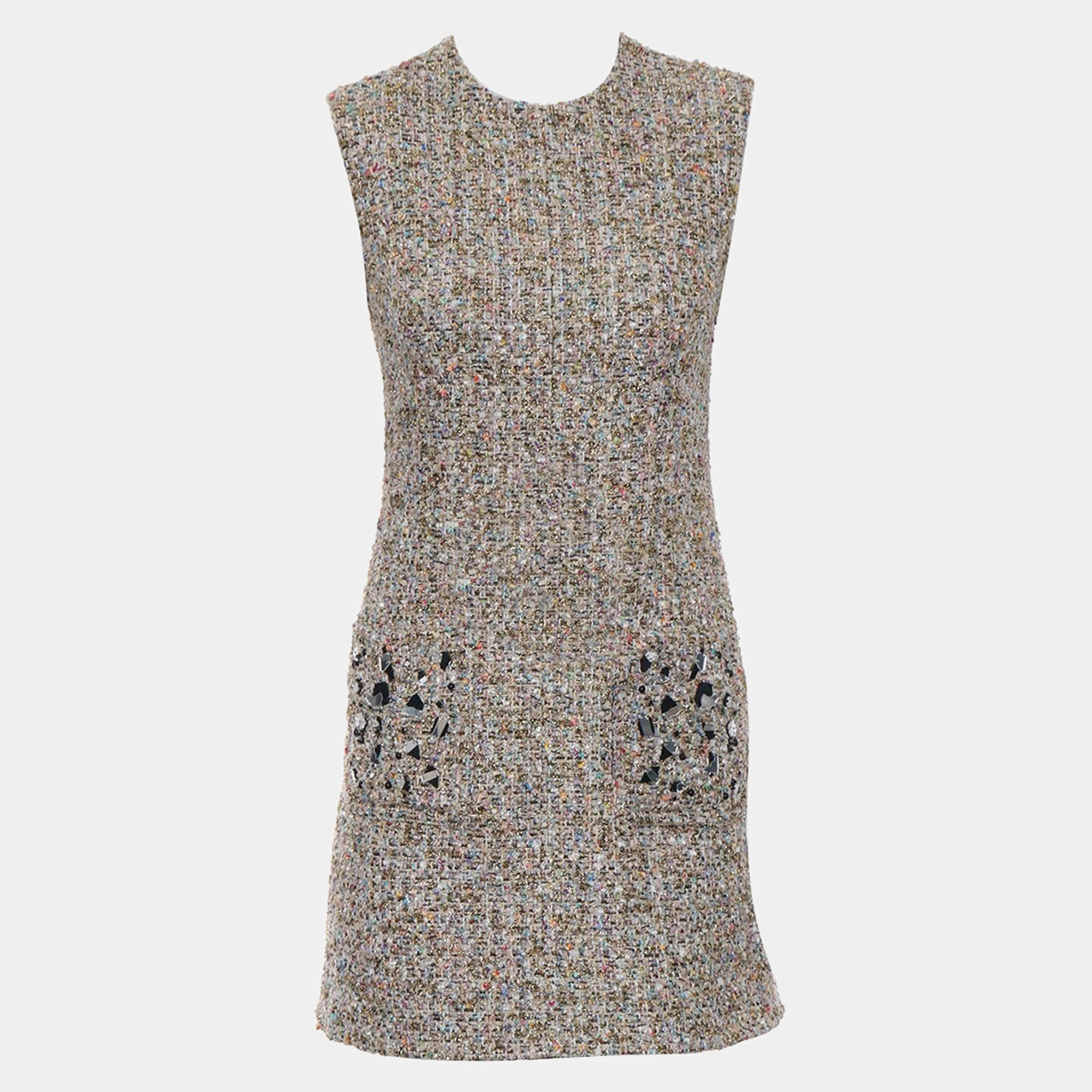 Pre Owned Louis Vuitton Tweed Sleeveless Dress With Embellished Pockets