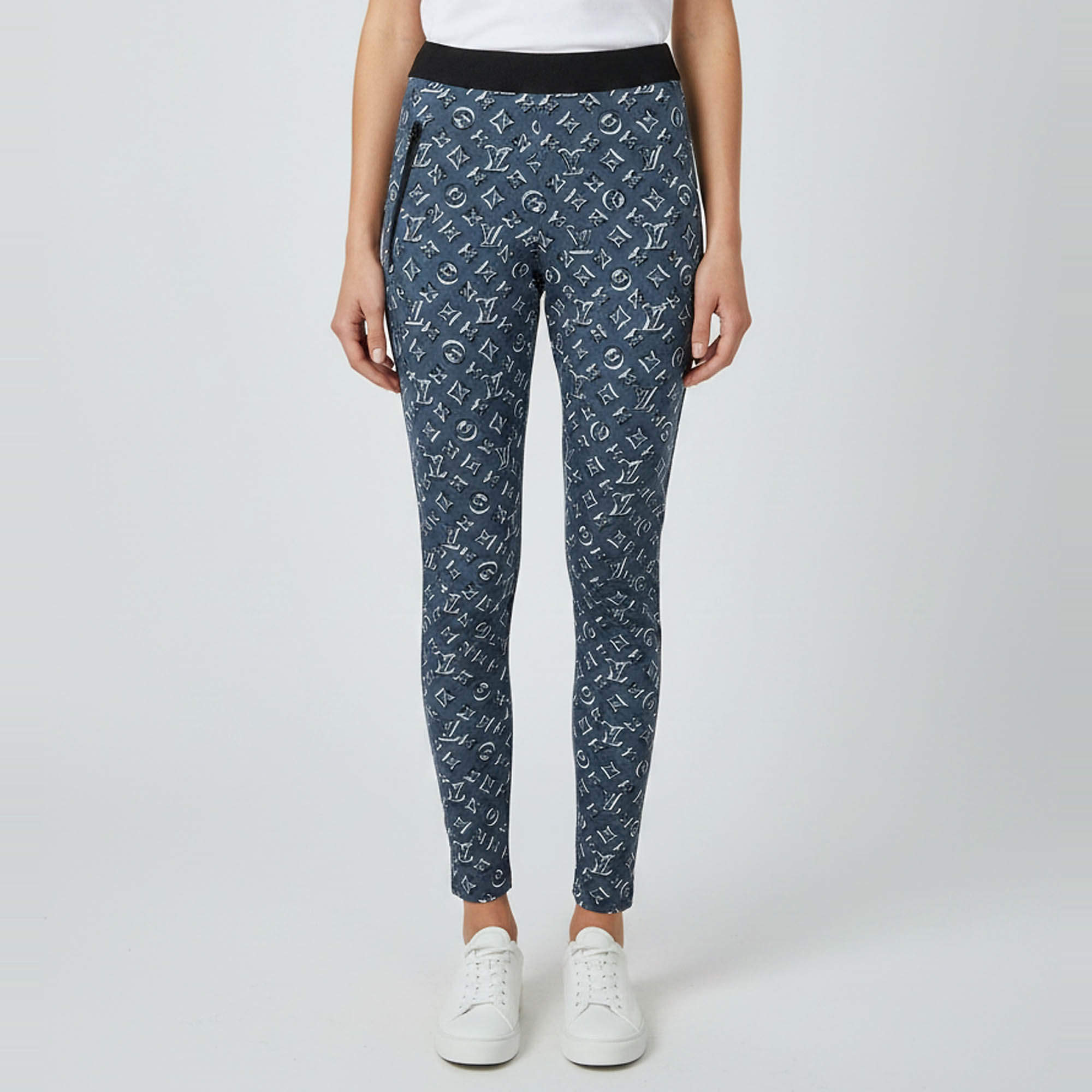 Pre Owned Louis Vuitton Grey Monogram Print Jersey Leggings M