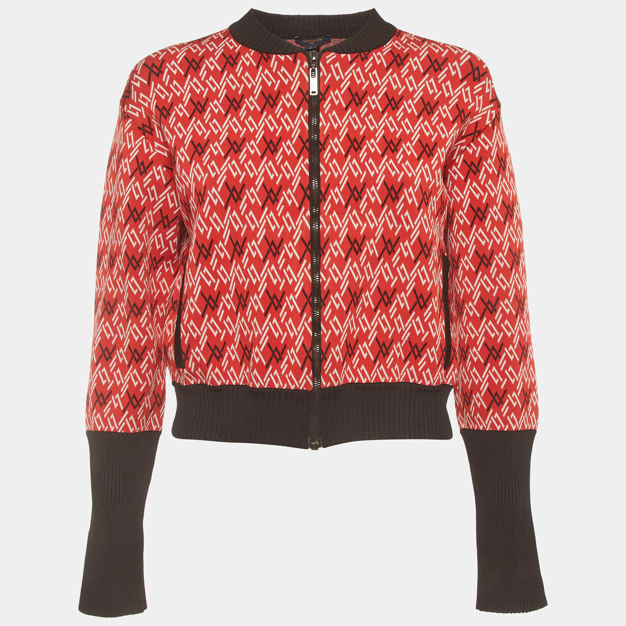 Pre Owned Louis Vuitton Red Geometric Monogram Knit Zip-Up Bomber Jacket M