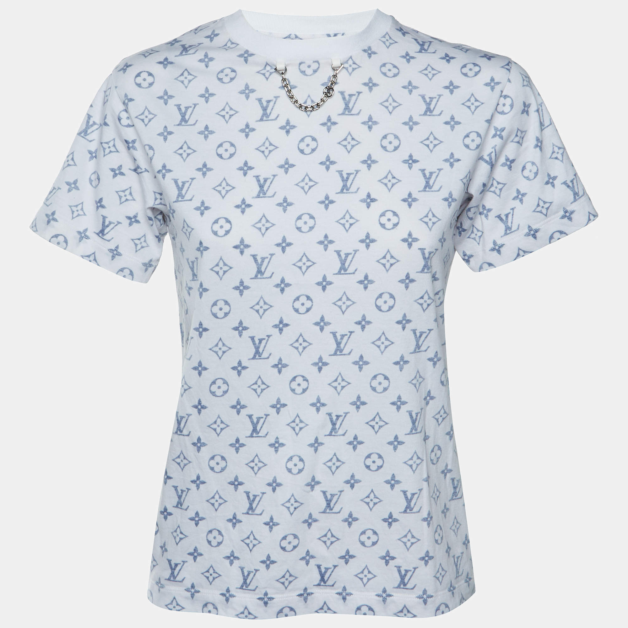 Pre Owned Louis Vuitton White Monogram Print Cotton Chain Detail T-Shirt S