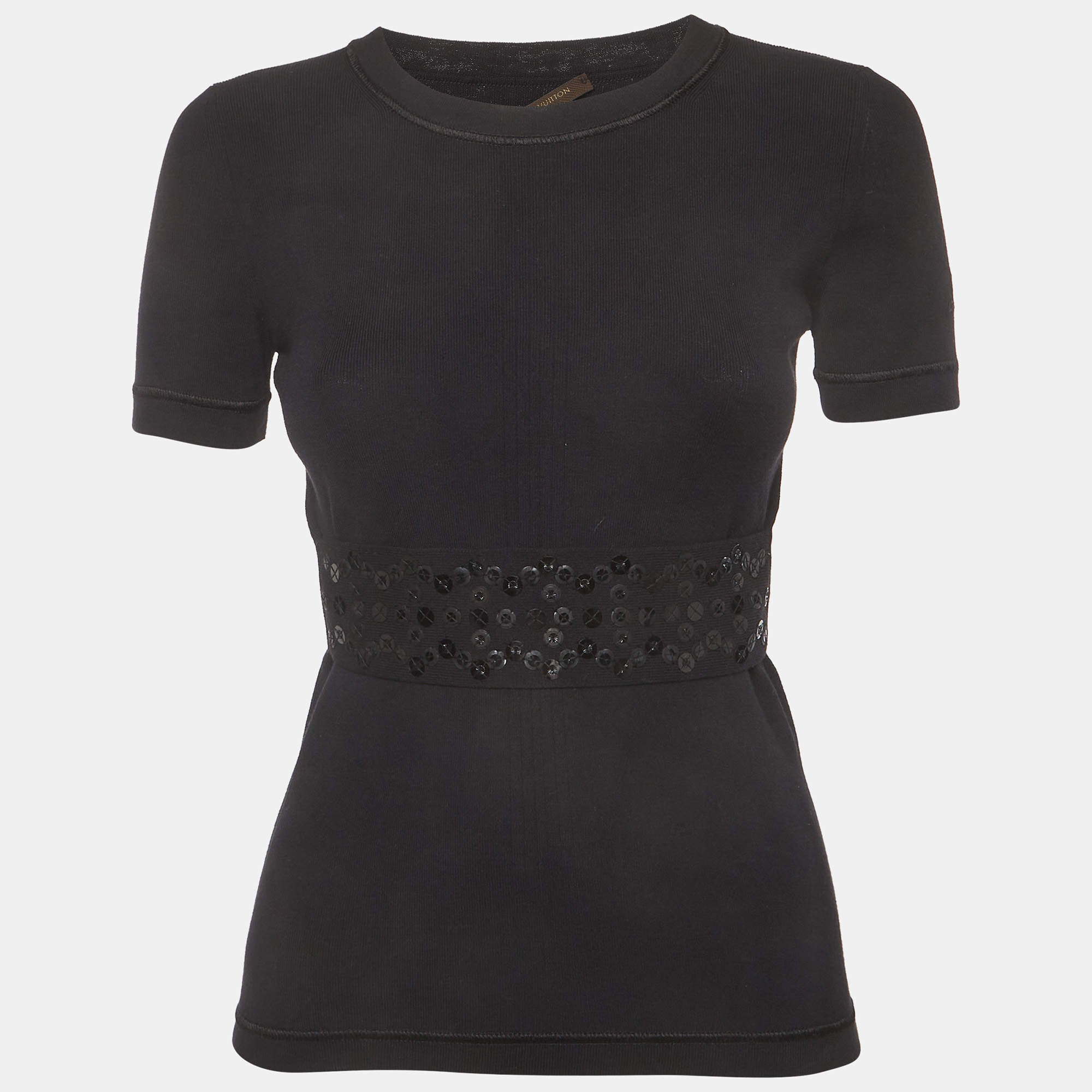 Pre Owned Louis Vuitton Black Embellished Stretch Knit Crewneck Top S