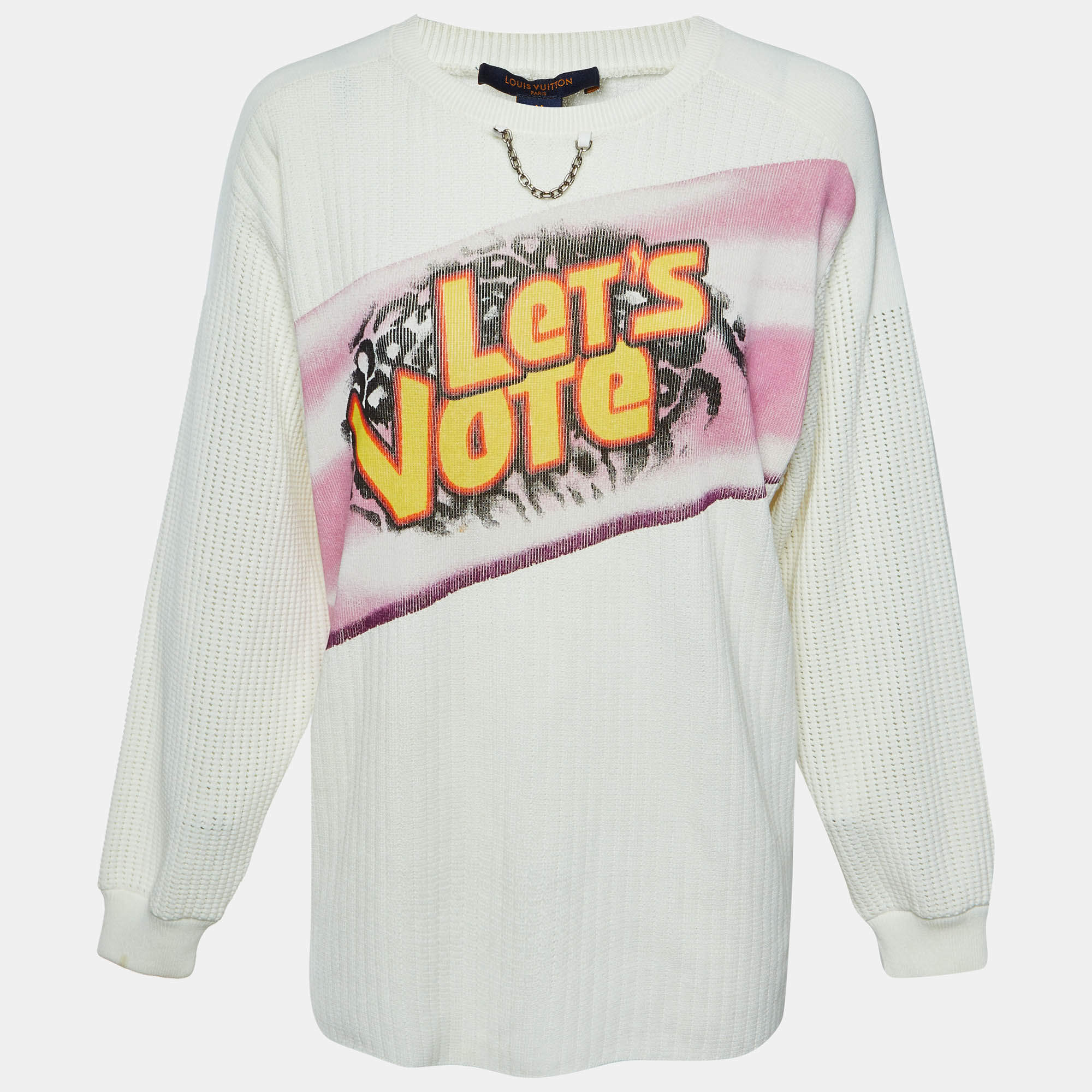 مملوكة مسبقًا Louis Vuitton White 'Let's Vote' Waffle Knit Sweatshirt M