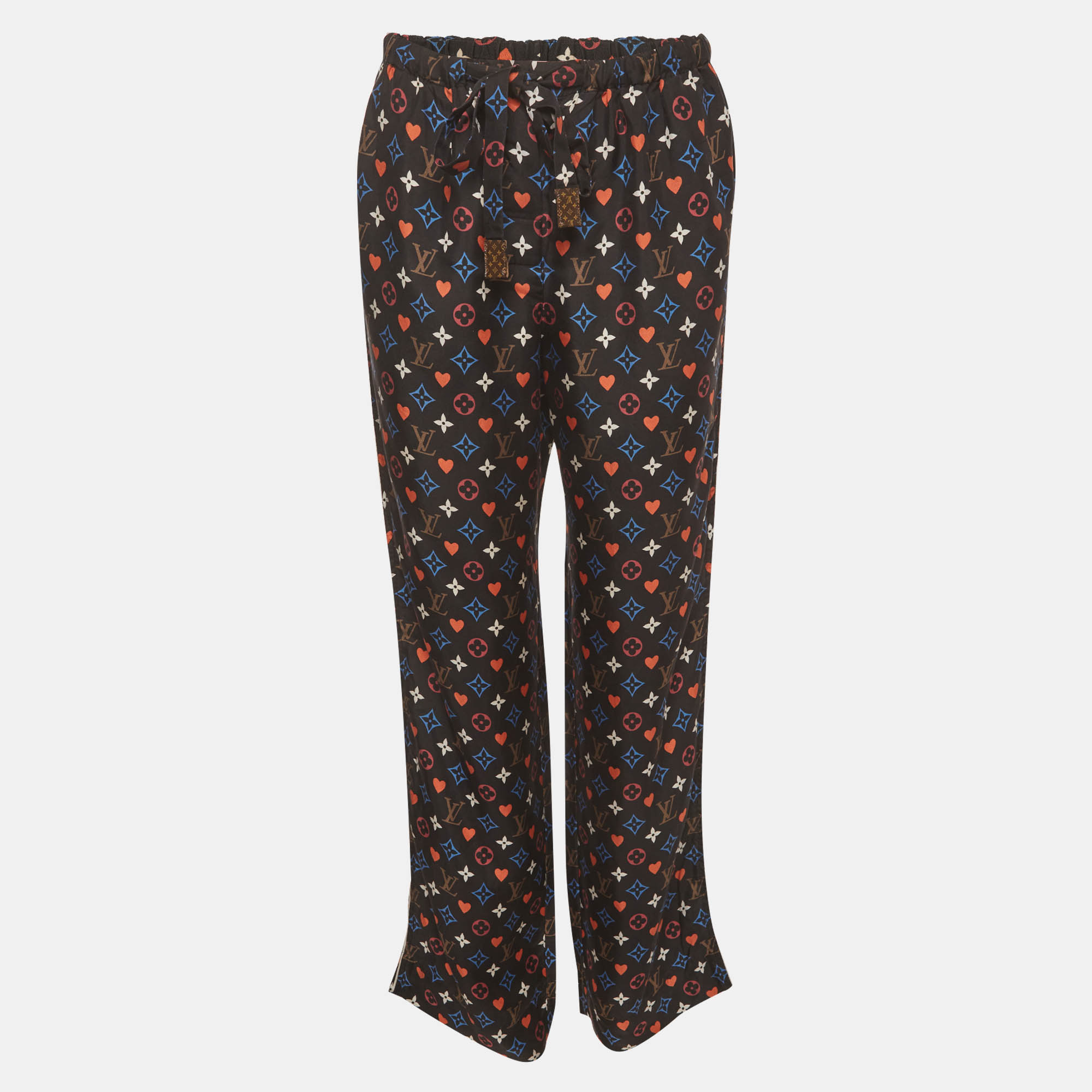 Pre Owned Louis Vuitton Black Monogram Satin Drawstring Trousers M 