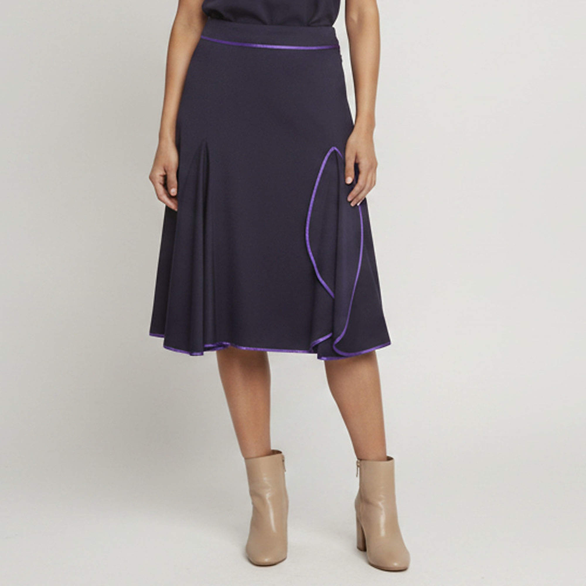 Pre Owned Louis Vuitton Navy Blue Wool Blend  Contrasting Trim Flared Skirt S