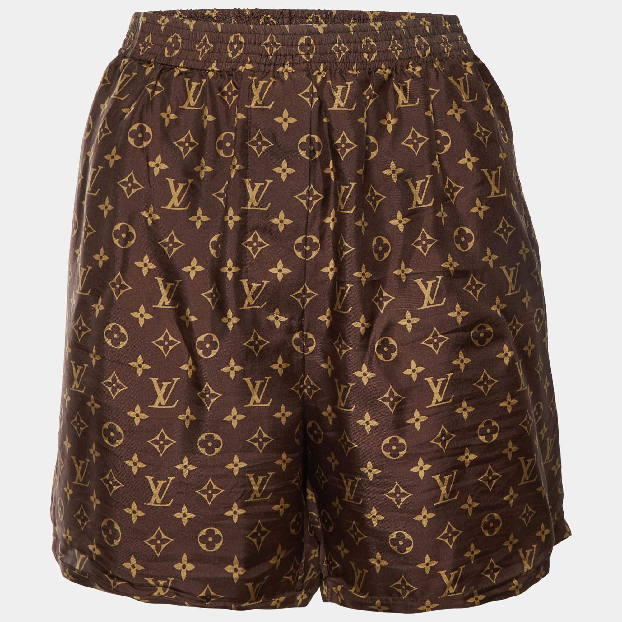 Pre Owned Louis Vuitton Brown Monogram Print Silk Shorts L