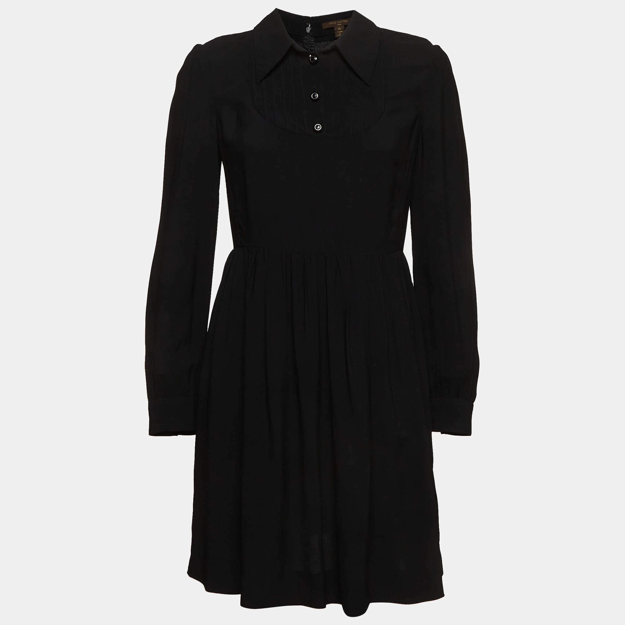 Pre Owned Louis Vuitton Black Crepe Pintuck Collar Neck Short Dress S 