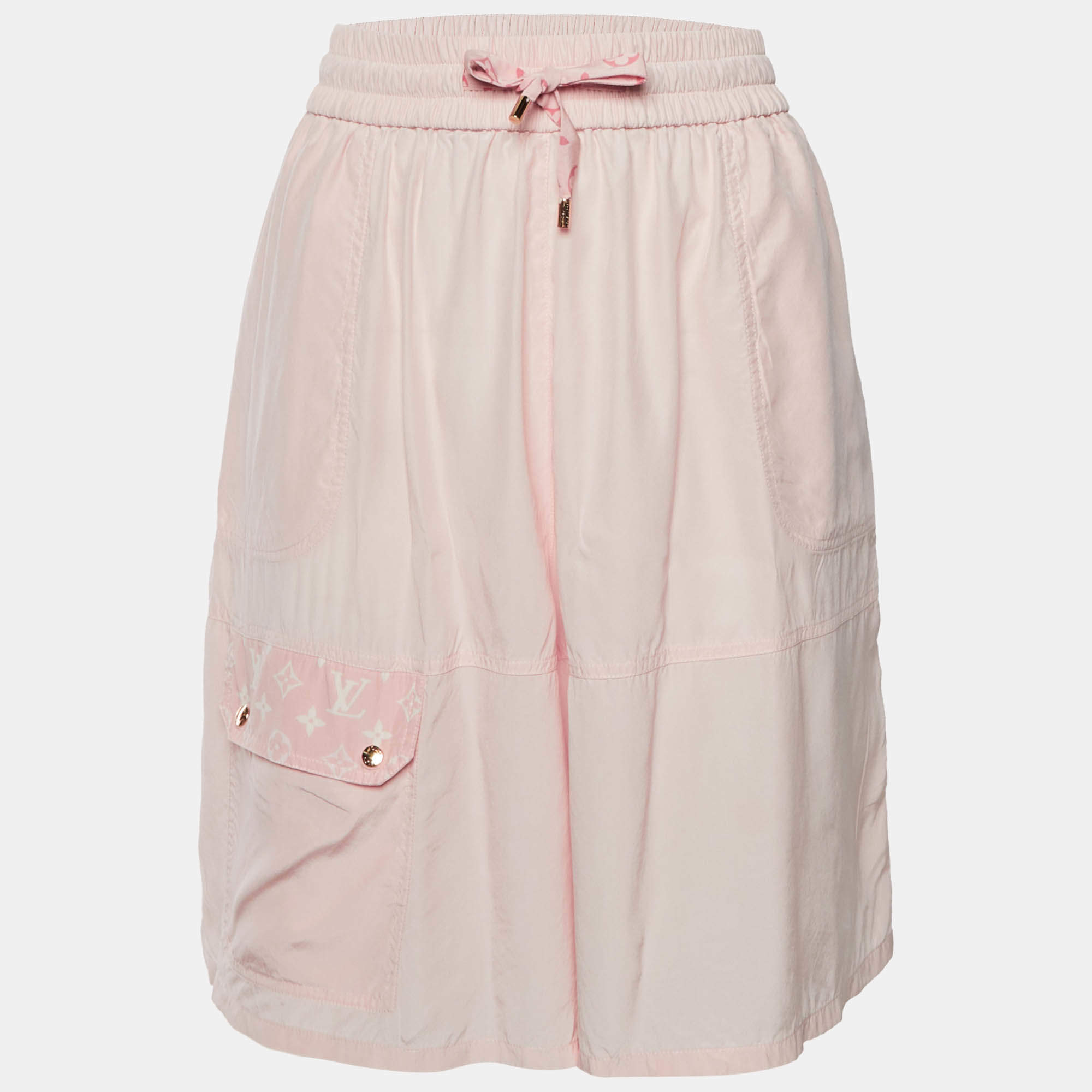Pre Owned Louis Vuitton Pink Silk Monogram Detail Long Shorts L