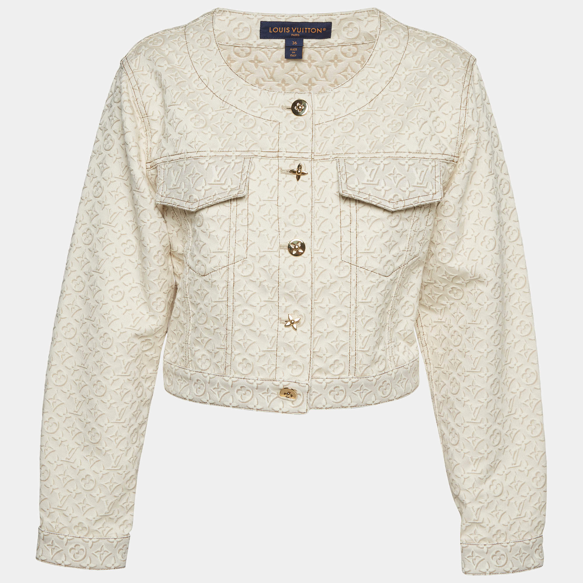 Pre Owned Louis Vuitton Beige 3D Monogram Jacquard Denim Jacket S