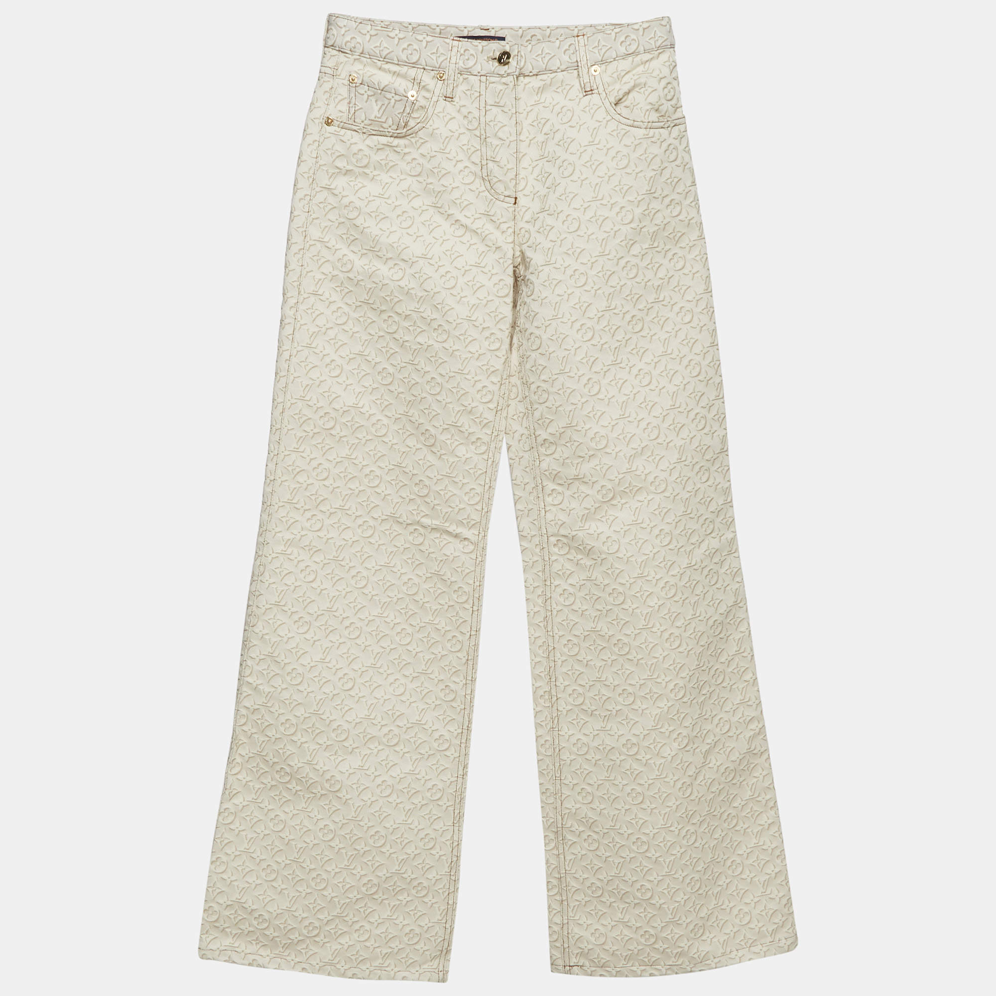 Pre Owned Louis Vuitton Beige Monogram Denim Flared Jeans S/Waist 28"