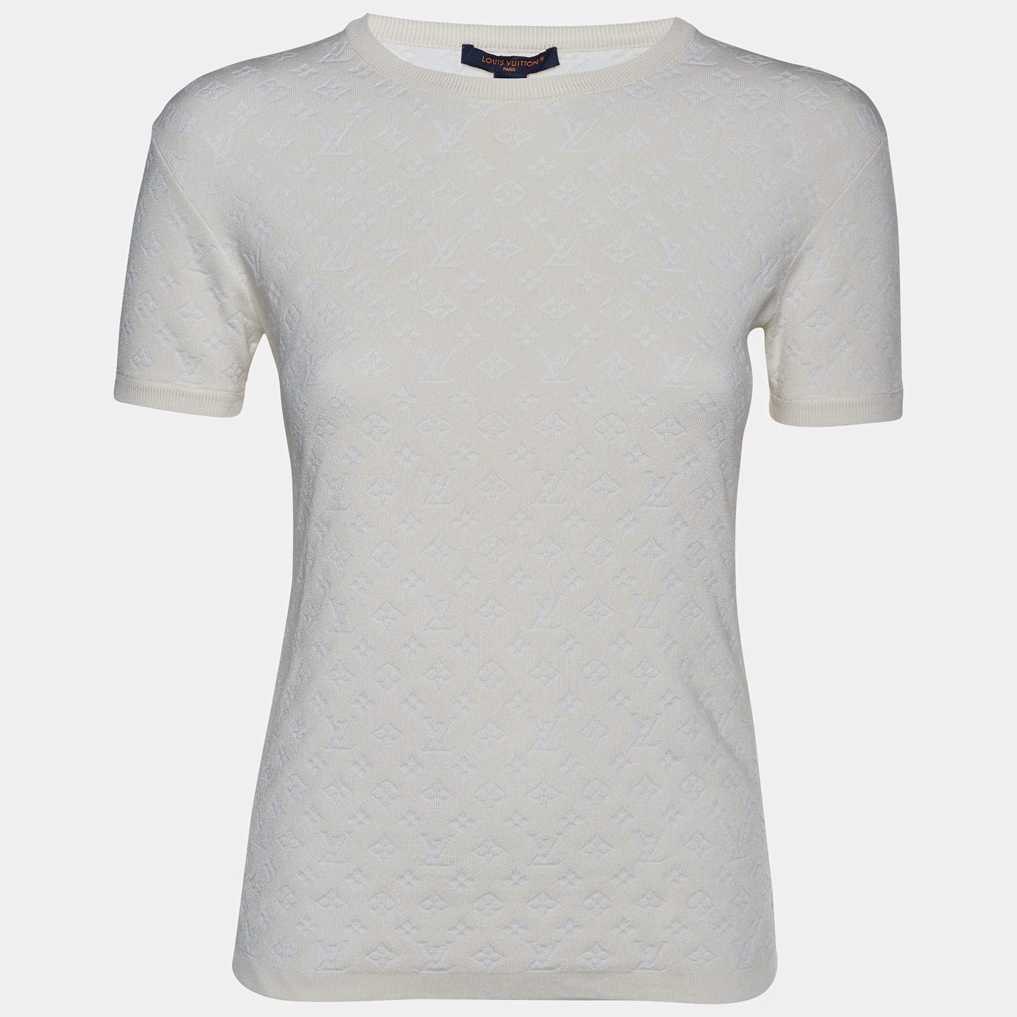 Pre Owned Louis Vuitton Off White All Over Monogram Knit Short Sleeve T-Shirt S
