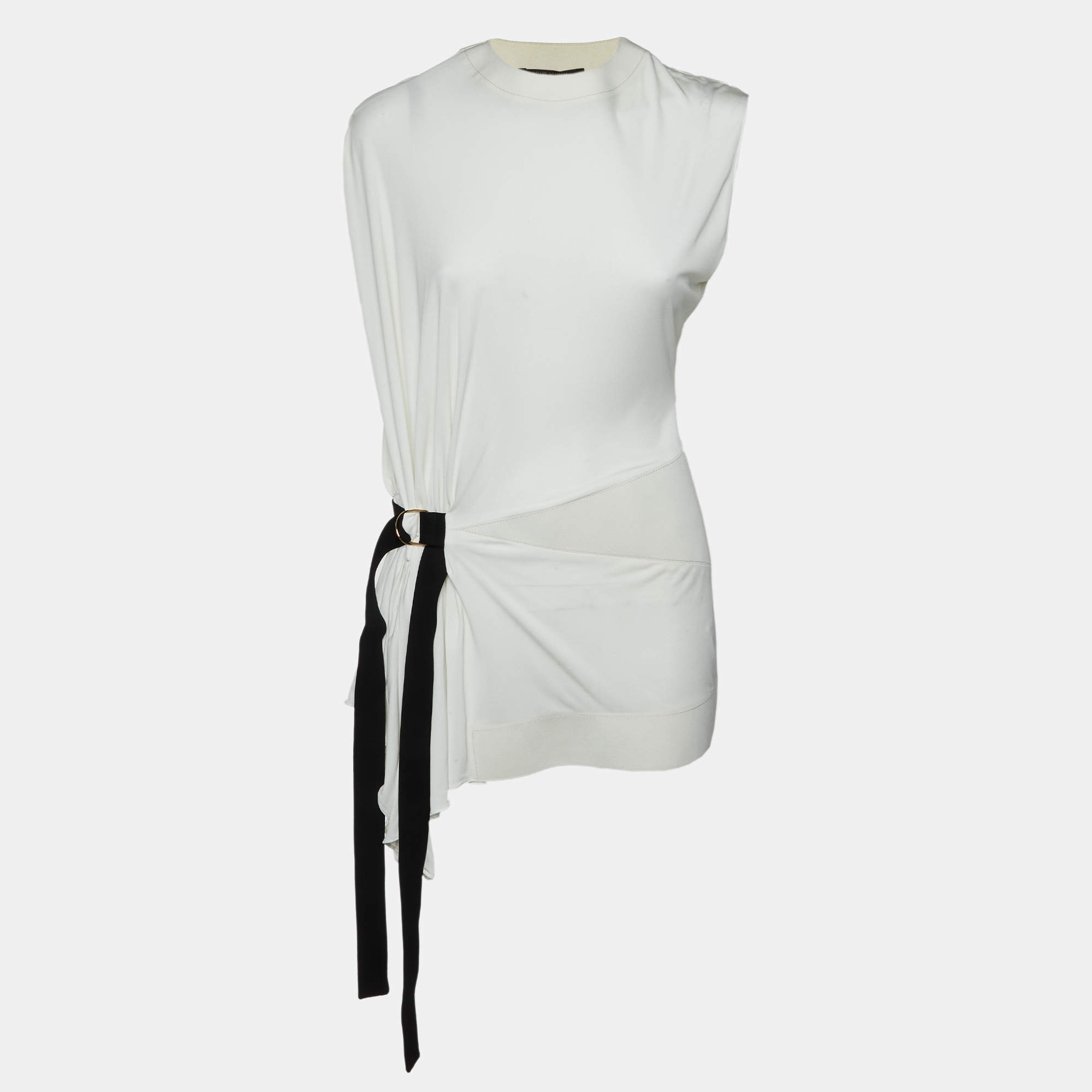 مملوكة مسبقًا Louis Vuitton White Jersey Asymmetric Draped Top M