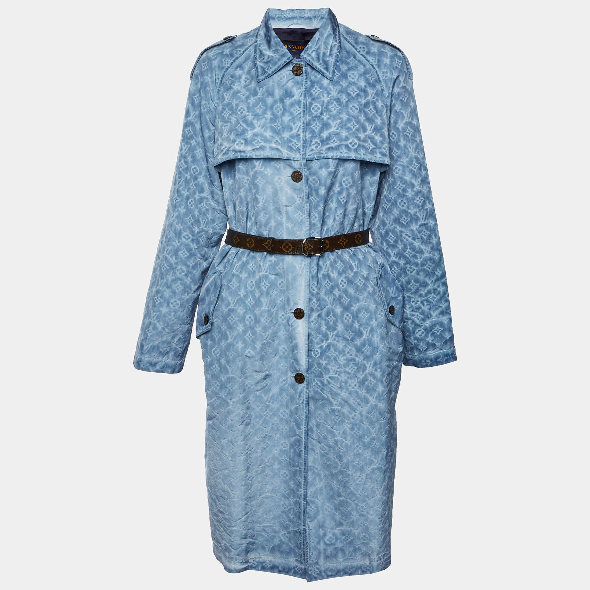 Pre Owned Louis Vuitton Blue Washed Monogram Cotton Blend Trench Coat M