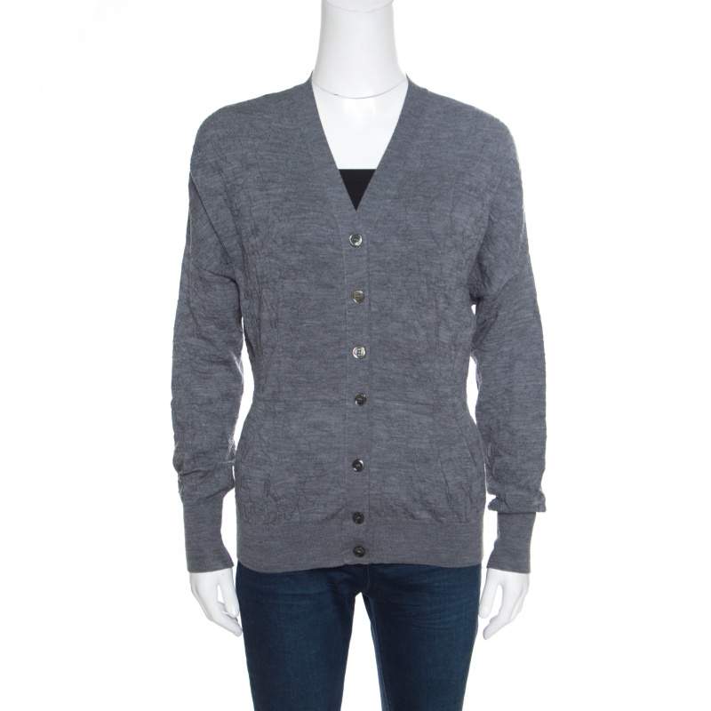 Louis Vuitton Grey Wool Floral Jacquard Knit Cardigan S
