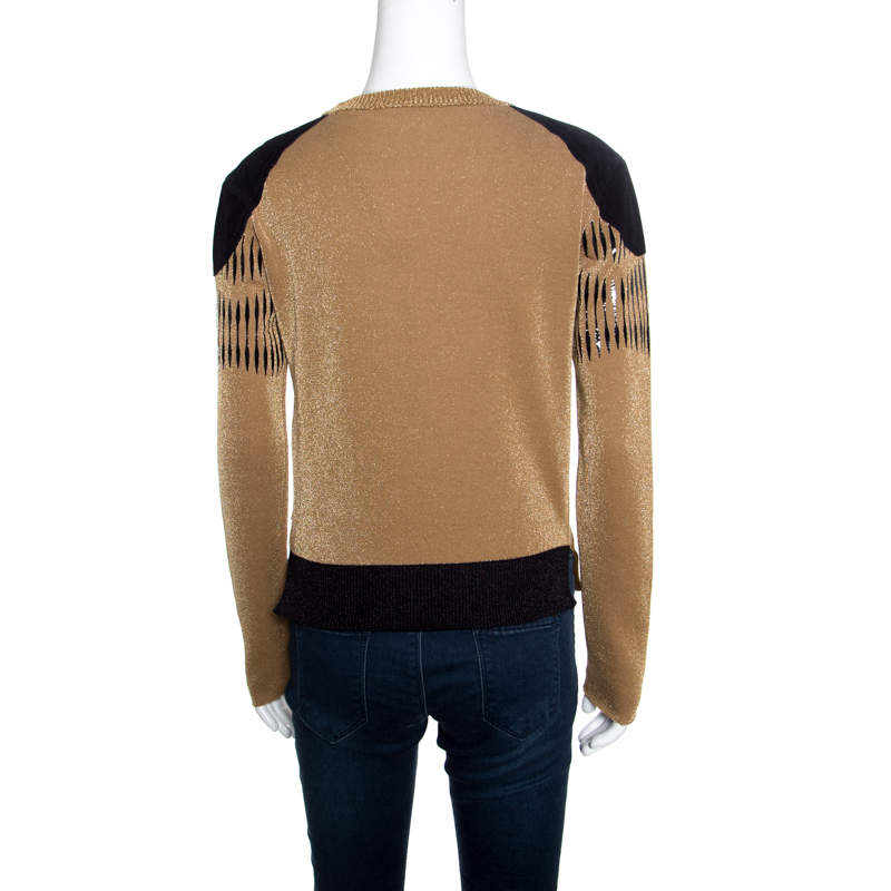 Louis Vuitton Brown Lurex Knit Contrast Suede Shoulder Patch Cropped Sweater Xs