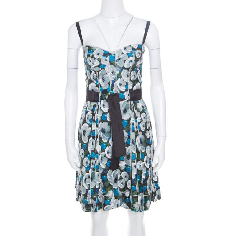 Louis Vuitton Floral Printed Silk Belted Pleated Bustier Dress S