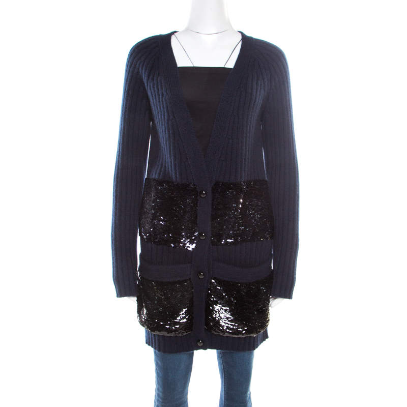 Louis Vuitton Navy Blue Sequin Embellished Button Front Cardigan M