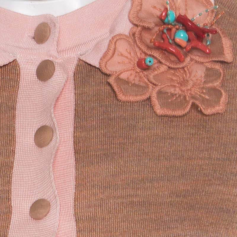 Louis Vuitton Beige Silk Knit Floral and Bead Applique Polo T