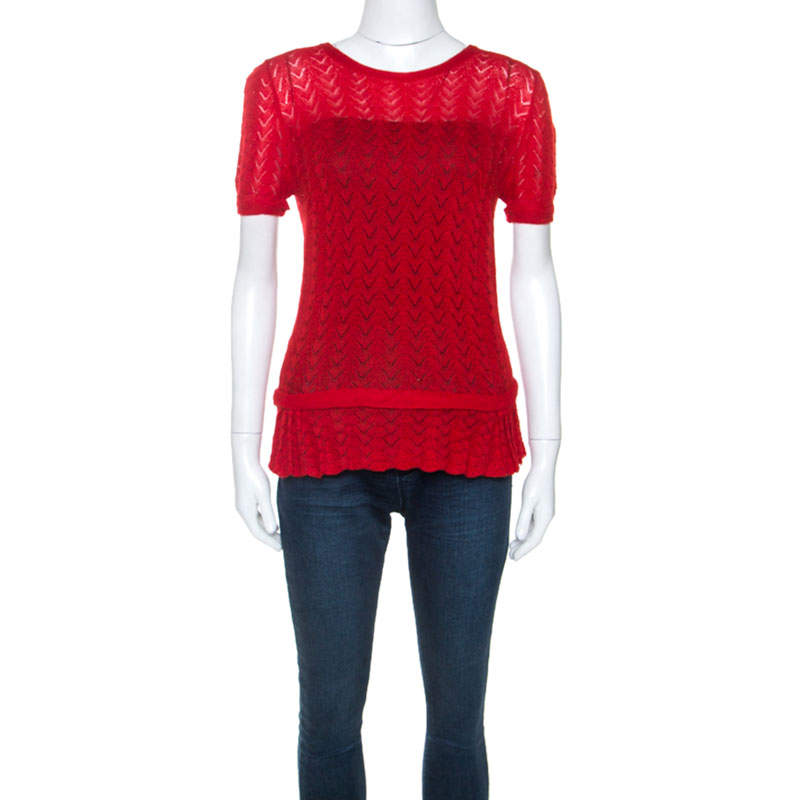 Louis Vuitton Red Cashmere Knit Peplum Top XL