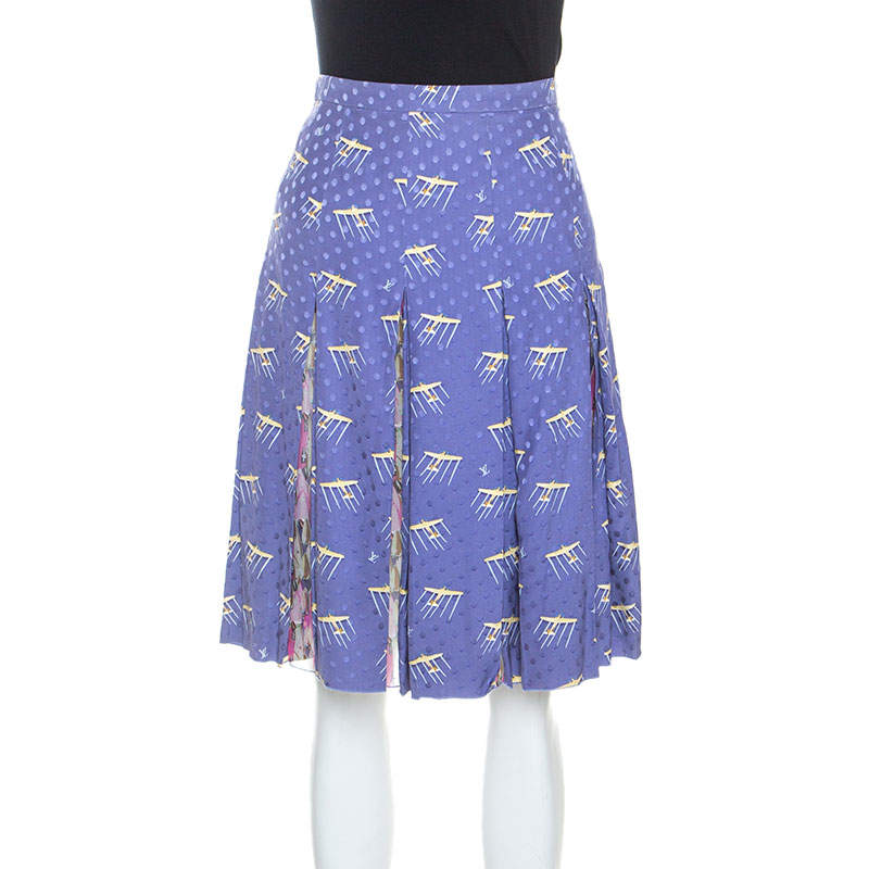 Pre Owned Louis Vuitton Purple Printed Polka Dot Silk Pleated Skirt M