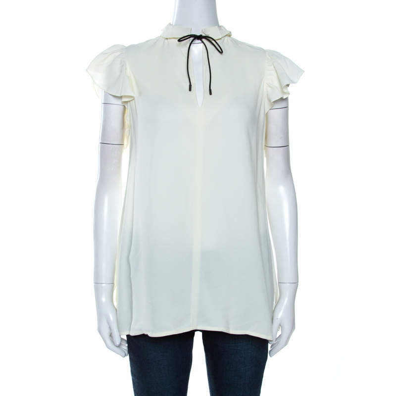 Louis Vuitton Off White Crepe Keyhole Neck Tie Detail Top M