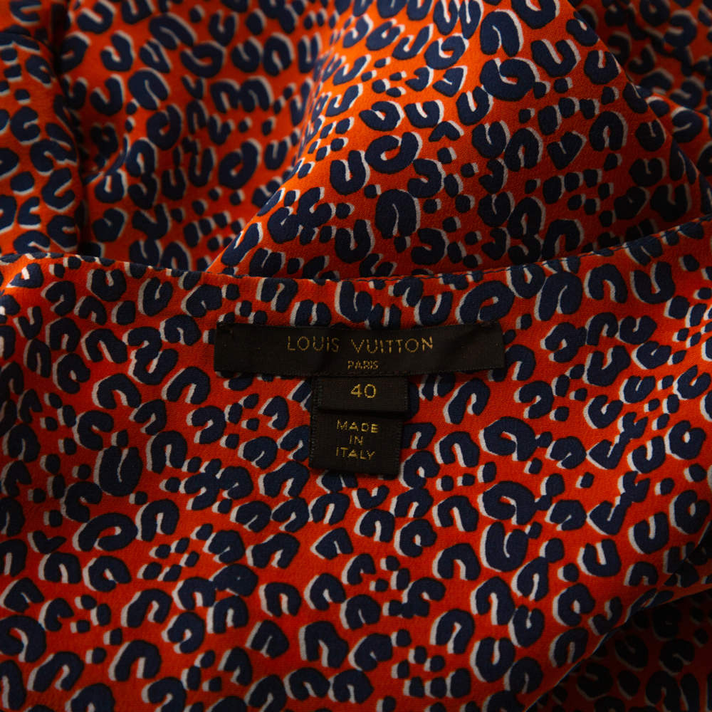 Louis Vuitton Orange & Blue Leopard Print Silk Oversized Blouse M