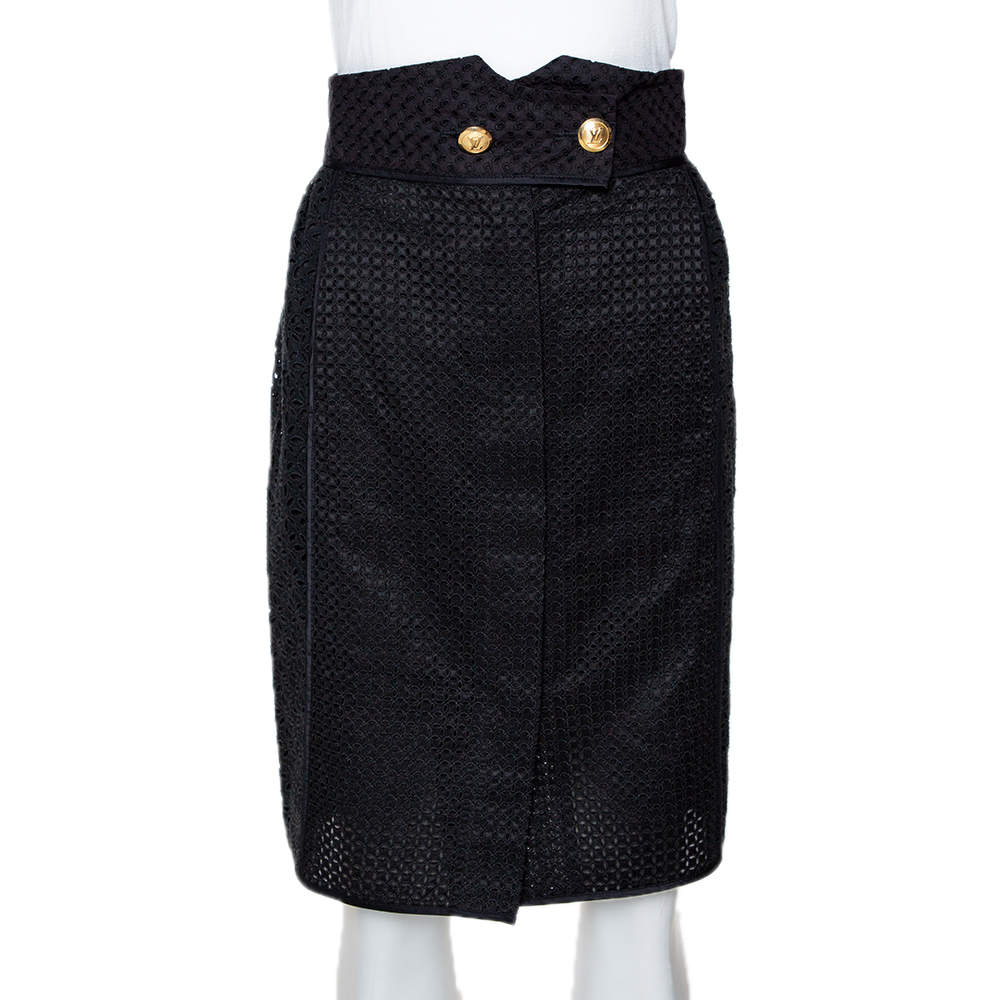 Pre Owned Louis Vuitton Black Cotton & Silk Lace Paneled Fitted Skirt S